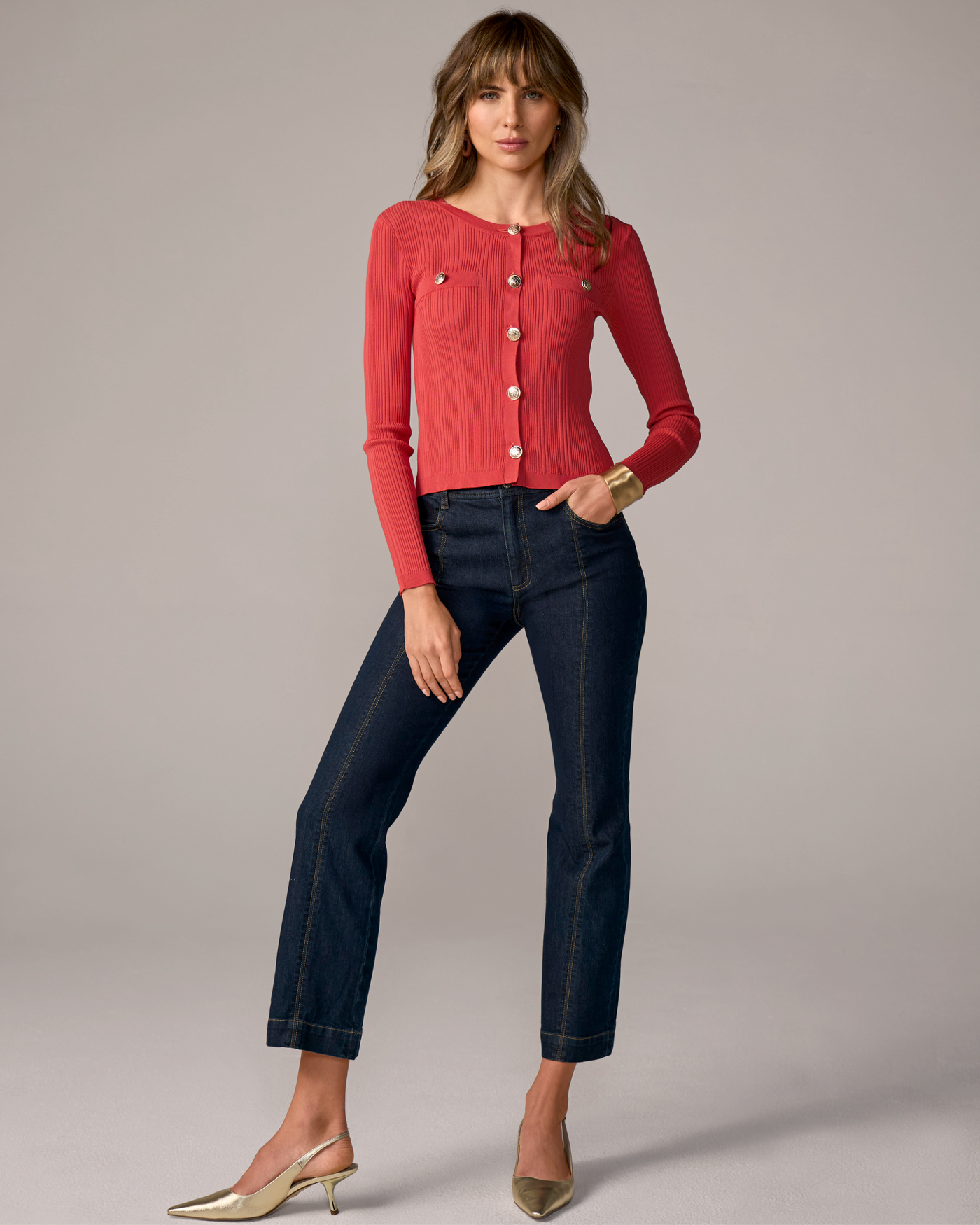 Contrast Stitch Kick Flare Ankle Jean Dark Wash Denim