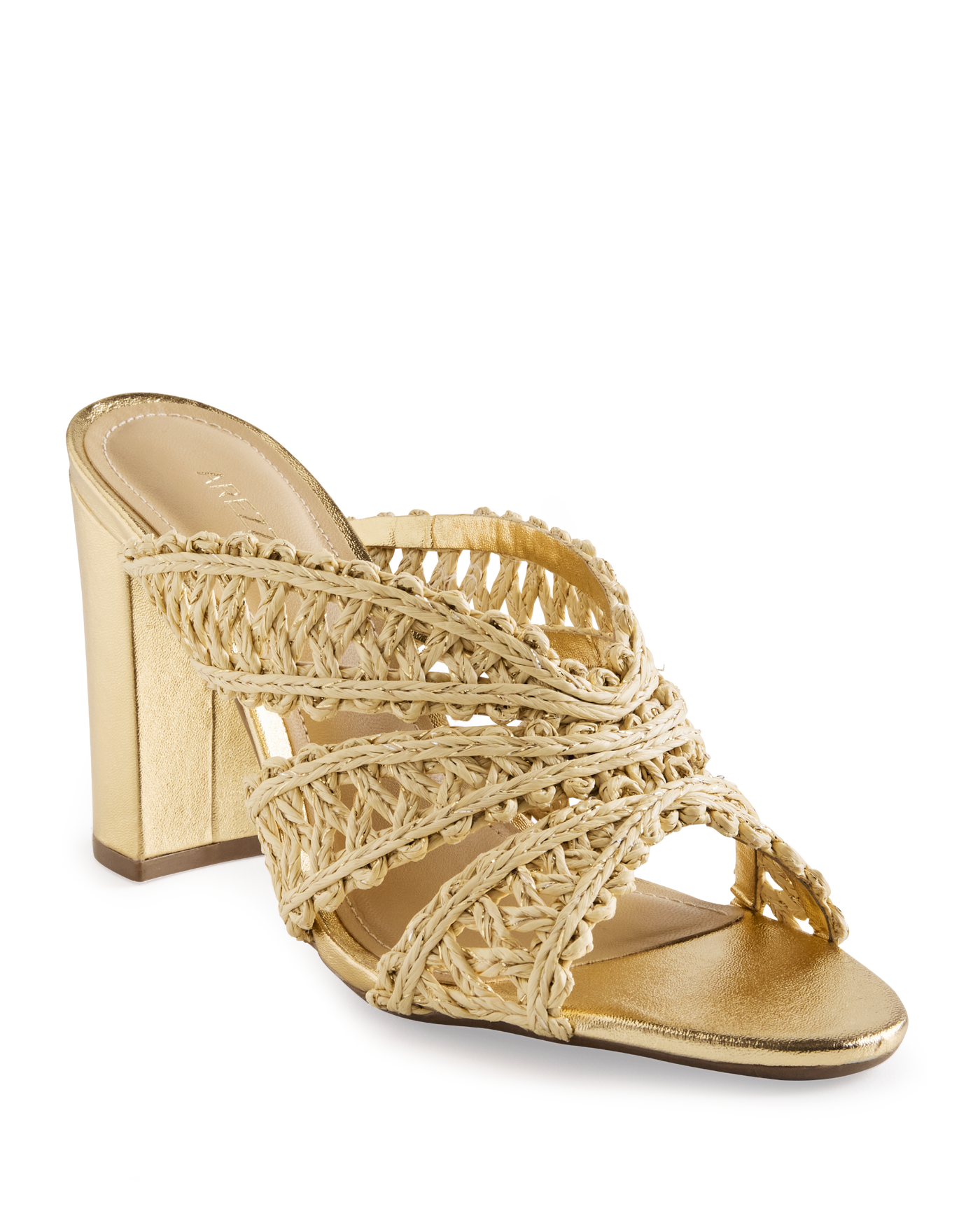 Arezzo Woven Metallic Raffia Block Heel Natural/Gold