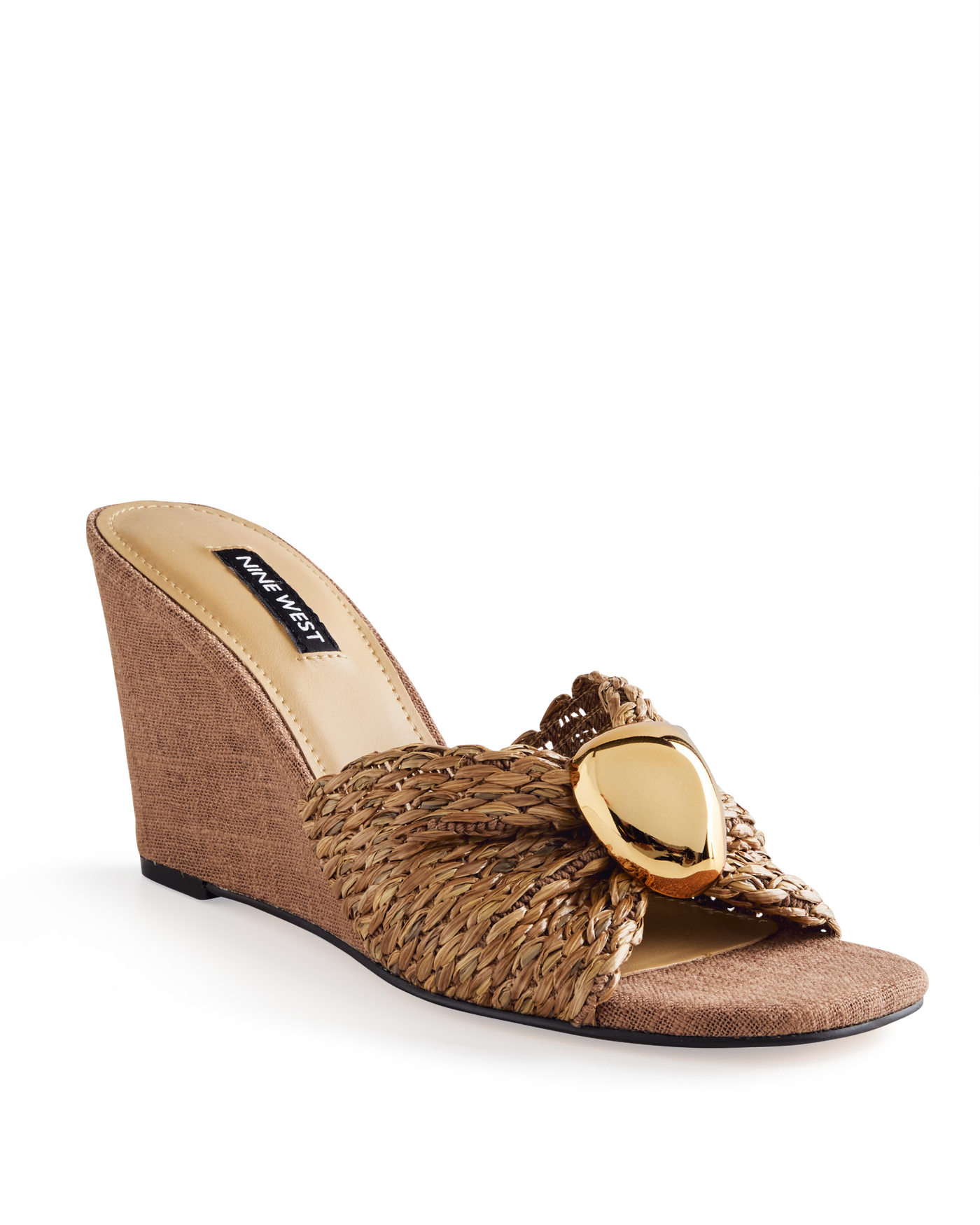 Nine West Raffia Gold Hardware Wedge Brown