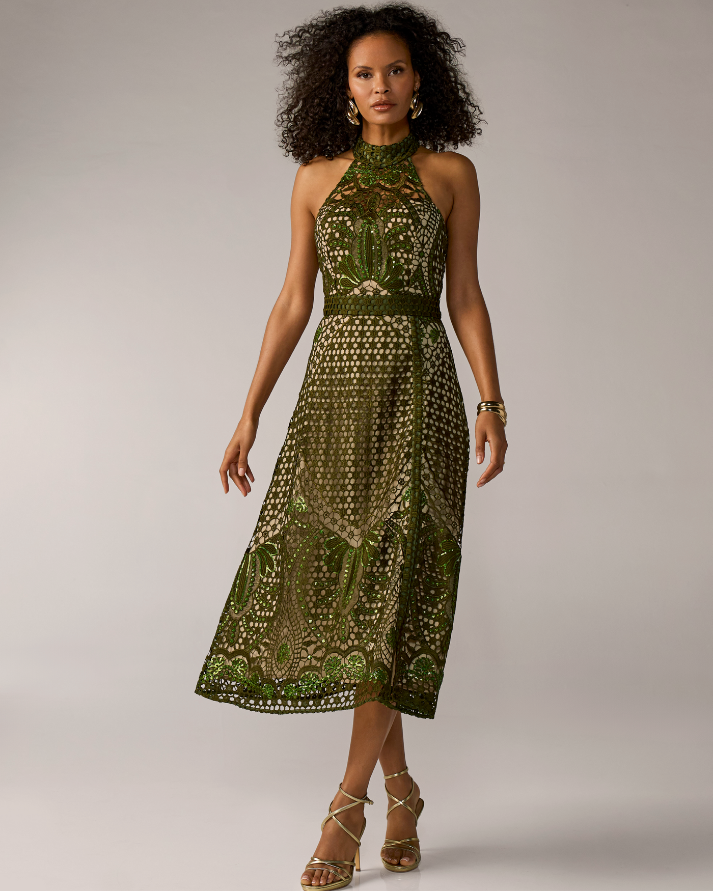 Tonal Sequin Embellished Lace Dress Olive