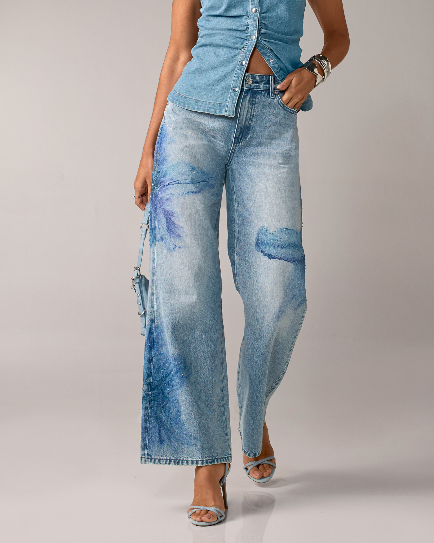 Wide Leg Floral Print Denim Jean Light Med Wash