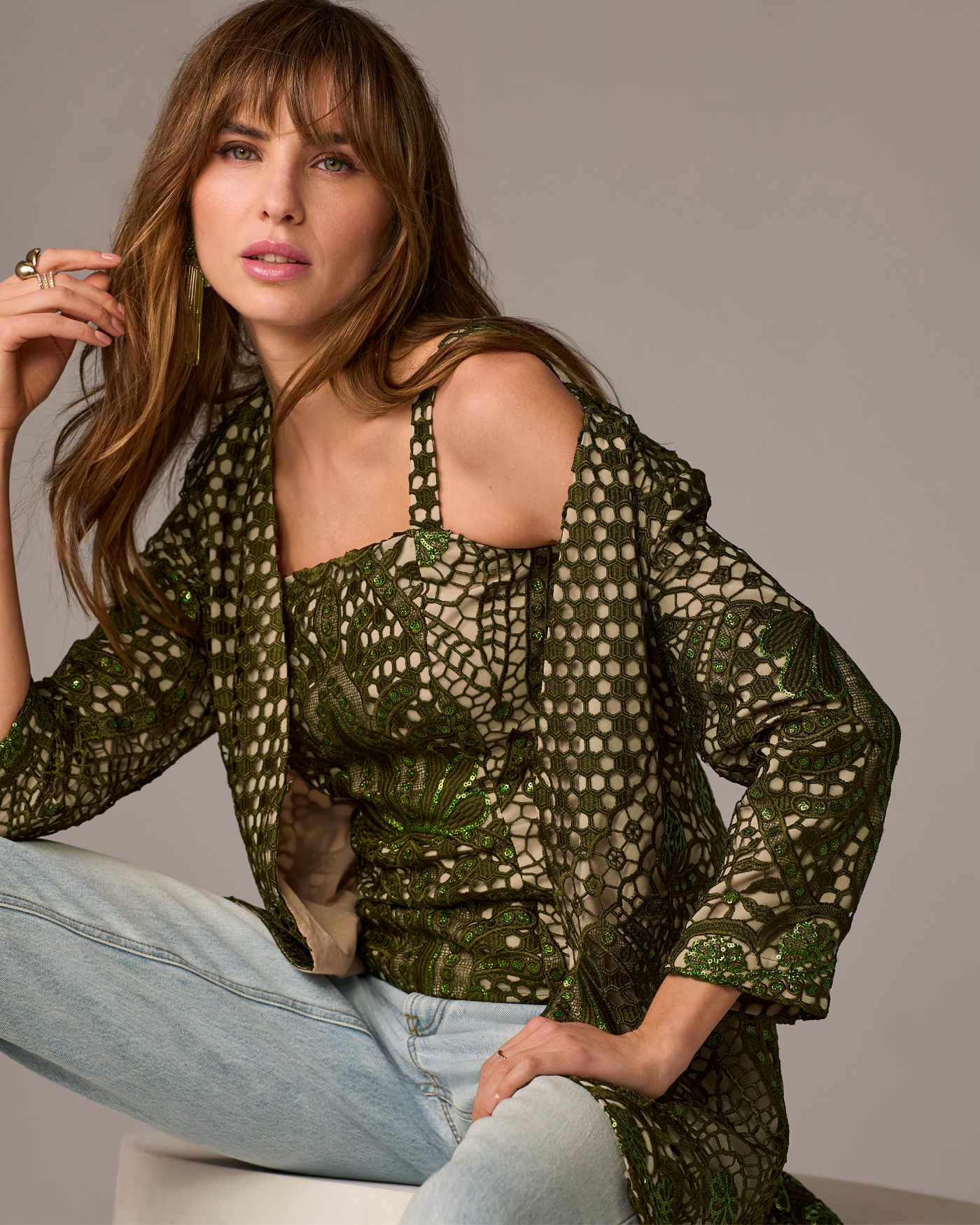 Eyelet 3/4 Sleeve Jacket Olive