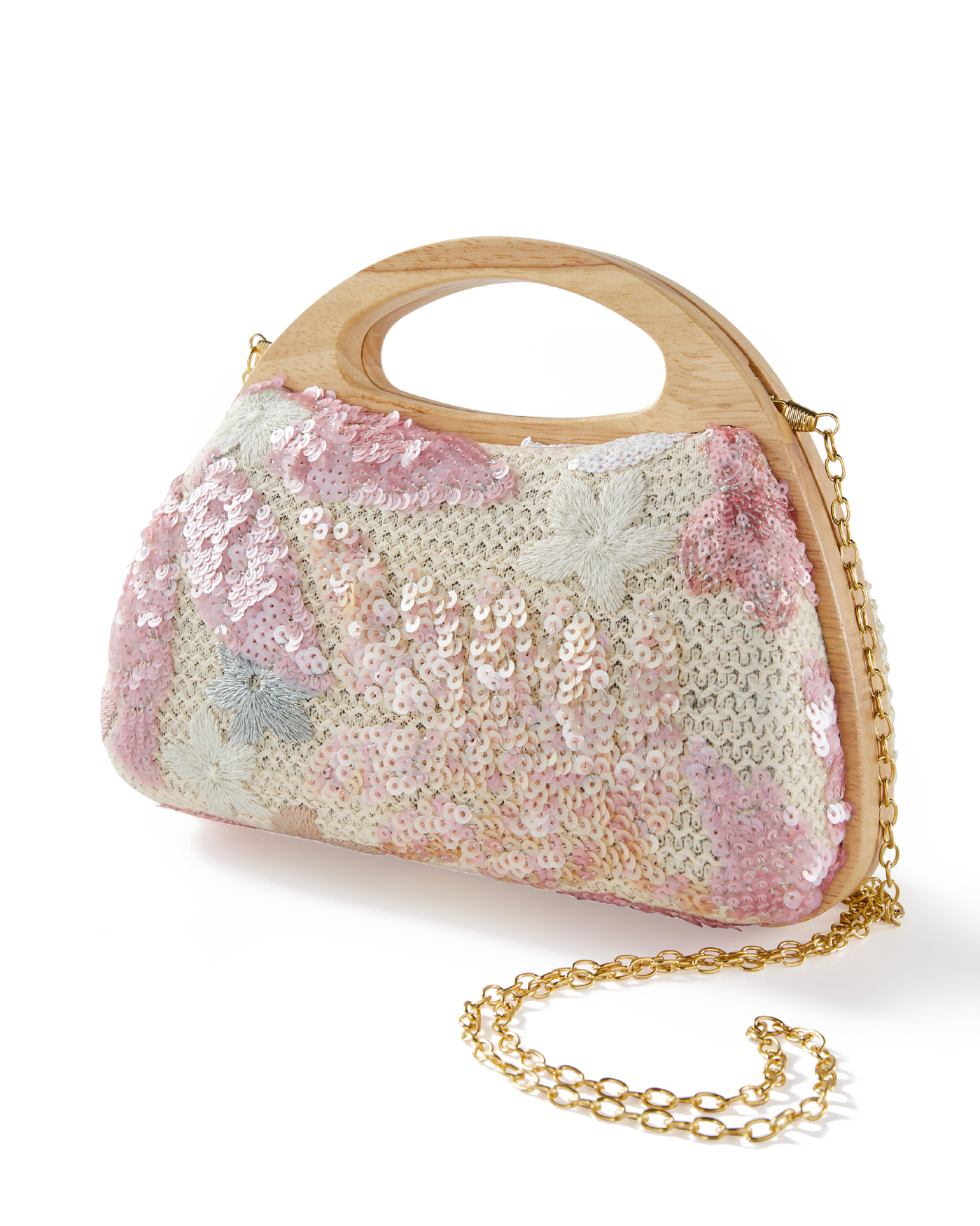 Sequin Wood Handle Clutch Pink/White
