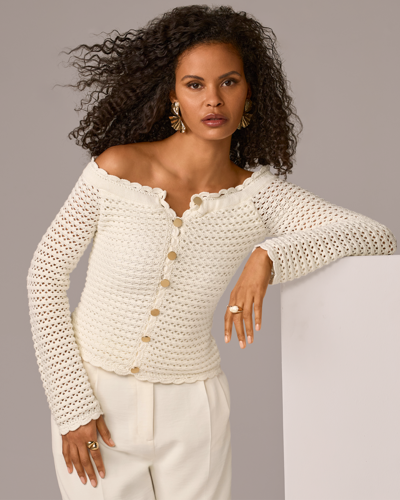 Off The Shoulder Button Front Crochet Sweater Off White