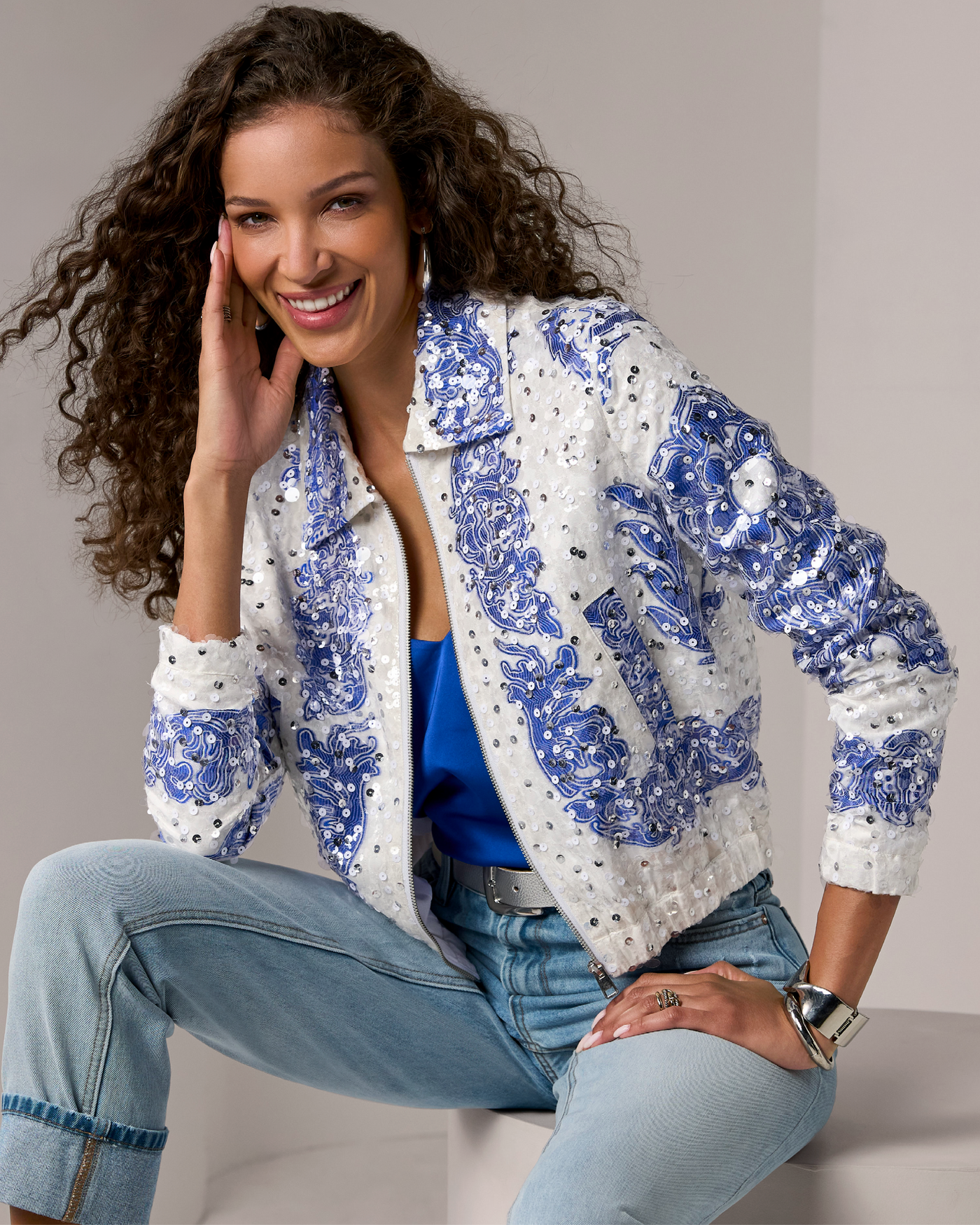 Embroidered Sequin Bomber Blue/White