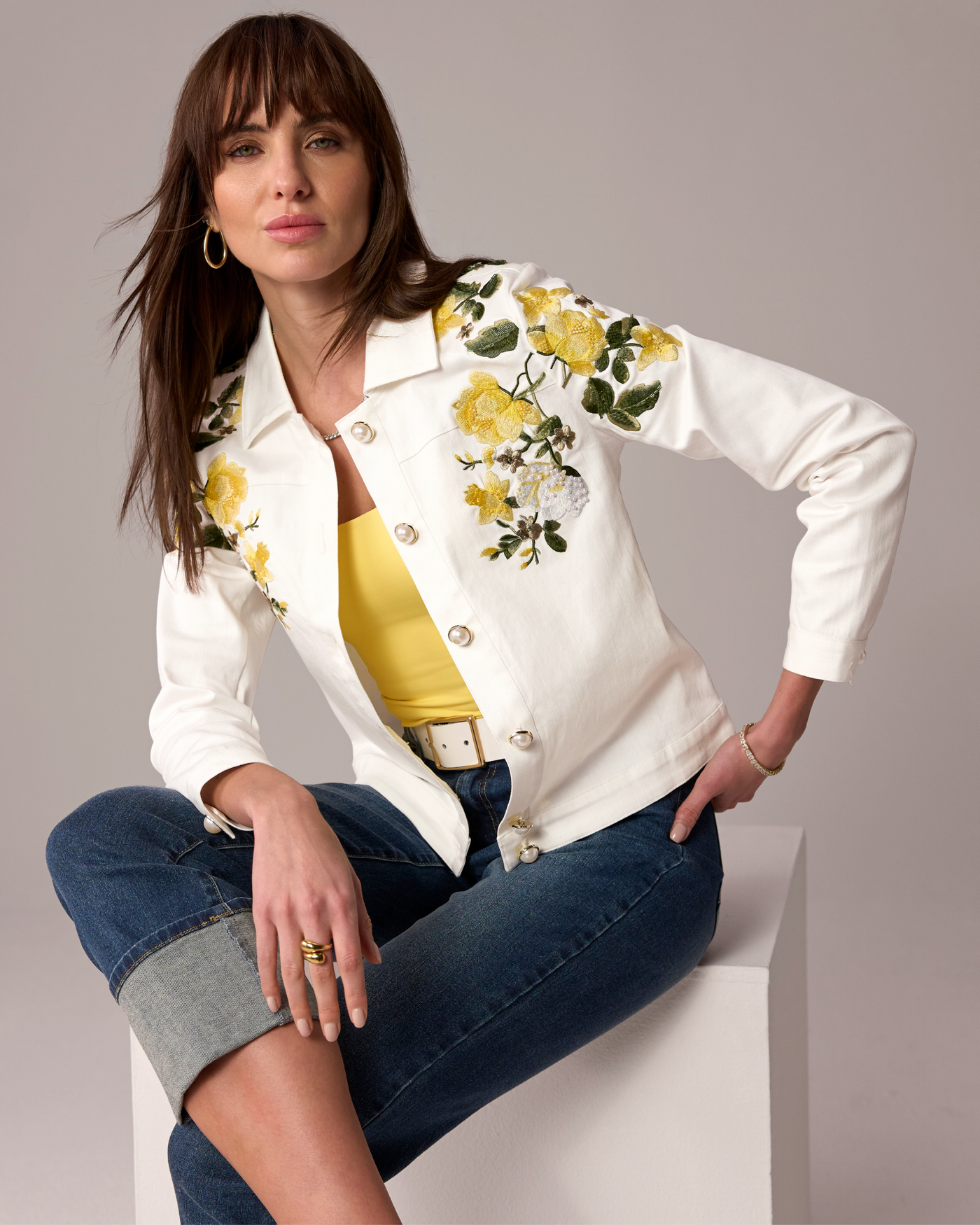 Denim Jacket with Floral Applique White Multi