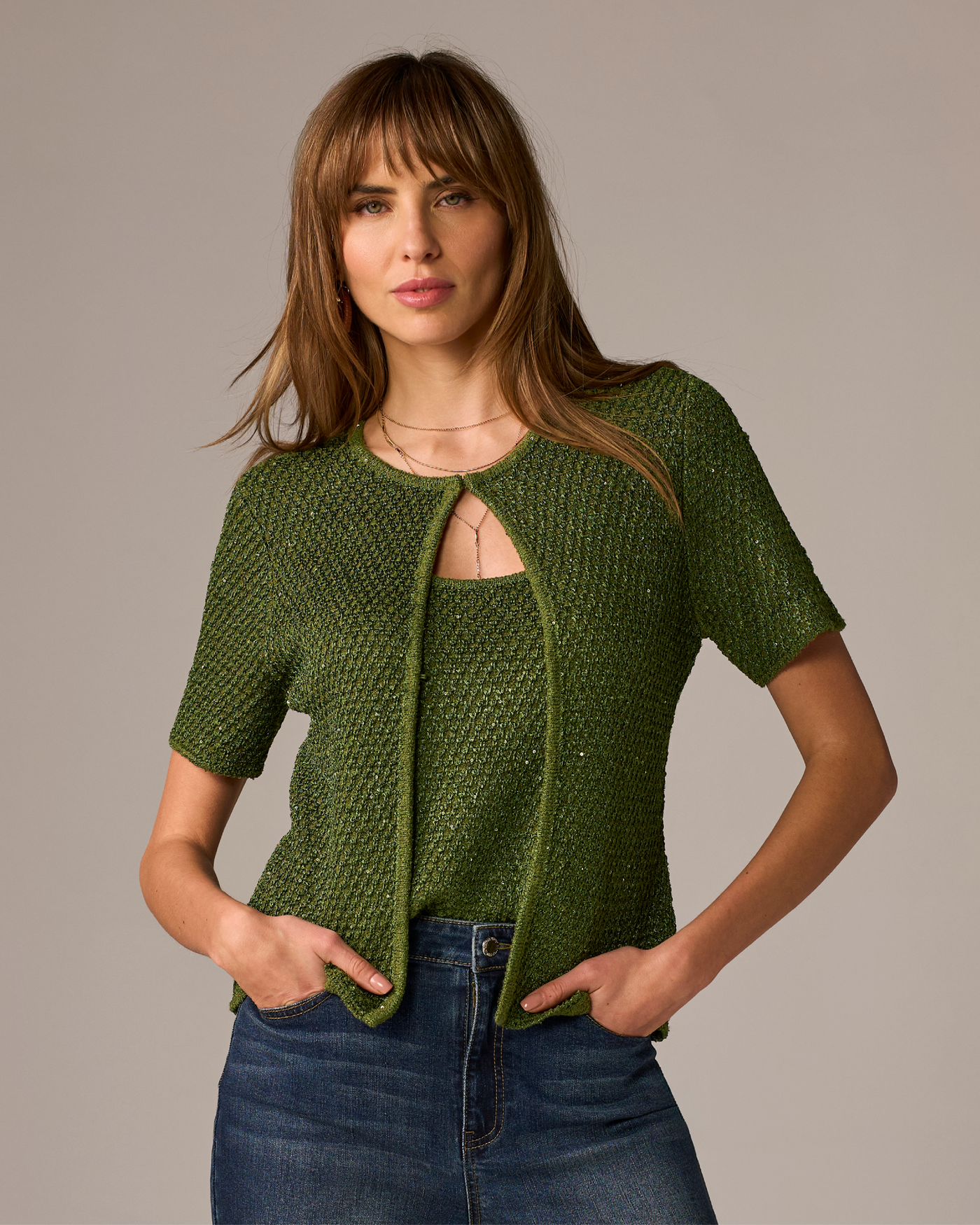Sequin and Metallic Short Sleeve Cardigan & Tank Set Metallic Bronze Green