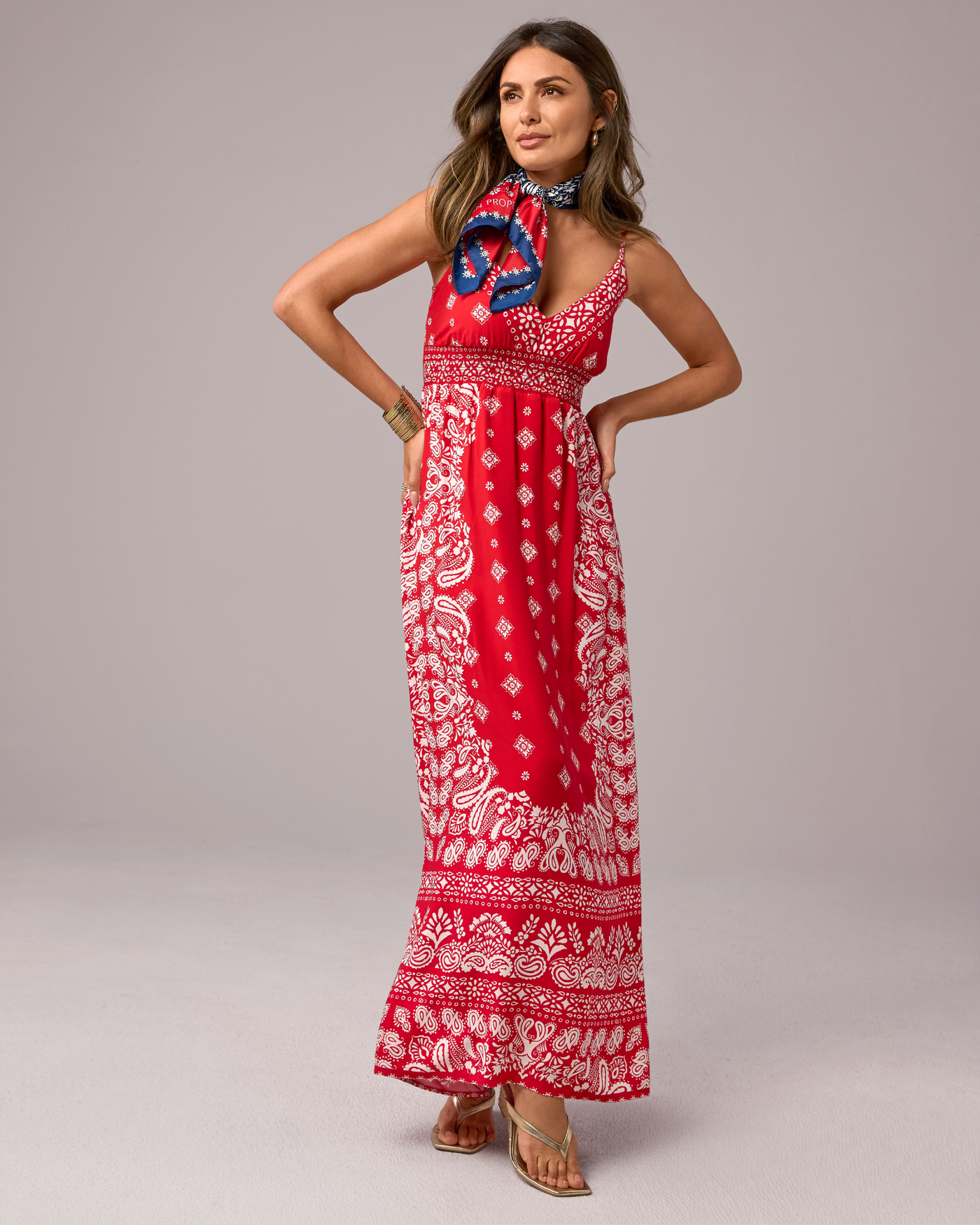 Print Maxi Dress with Empire Waistband Traditional Bandana