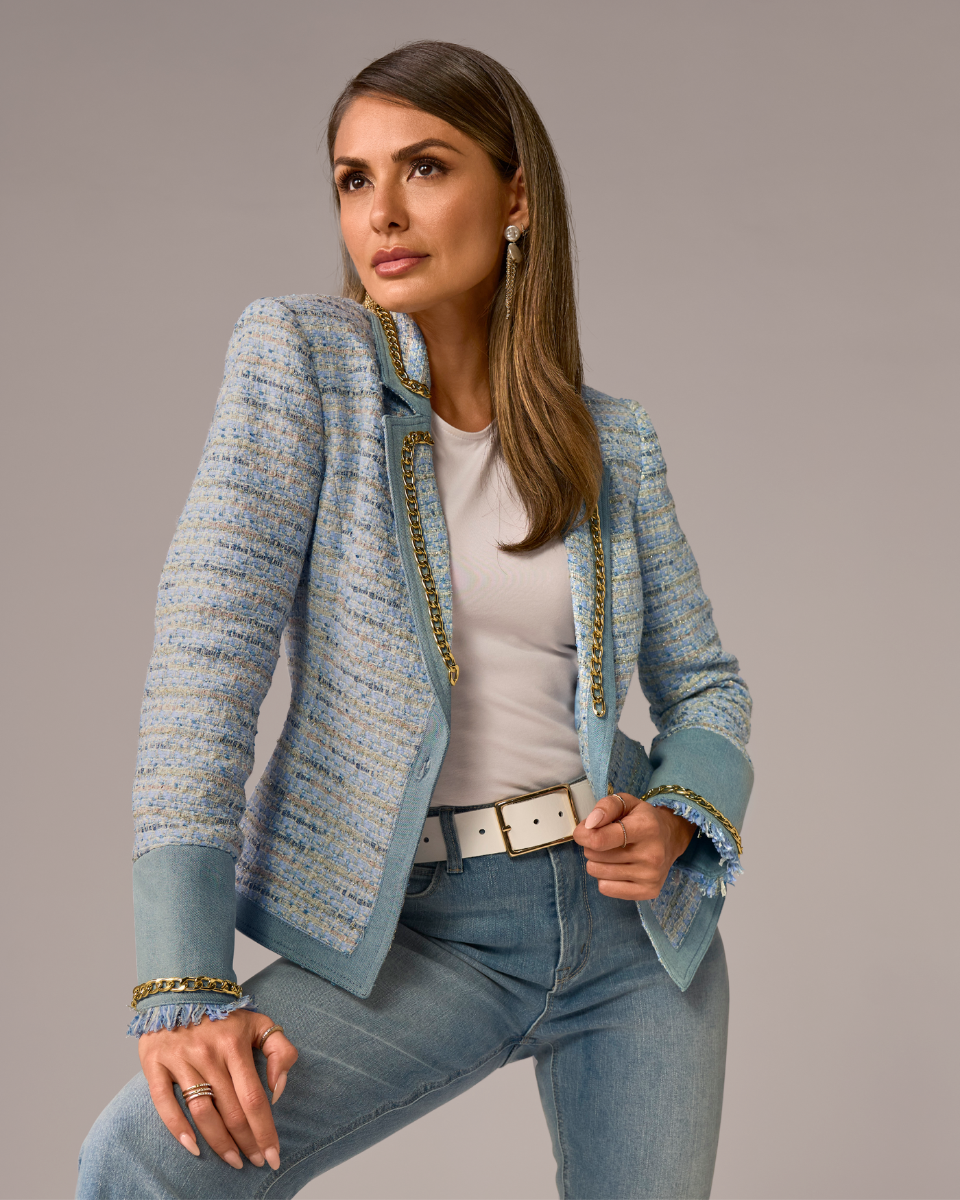 Denim Trim Tweed Blazer Blue Multi