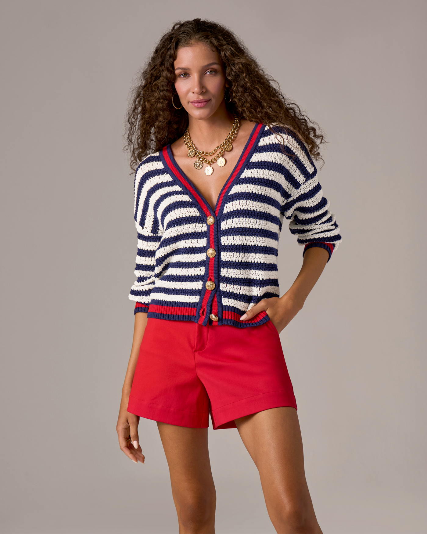 Contrast Trim Stripe Cardigan Navy/White