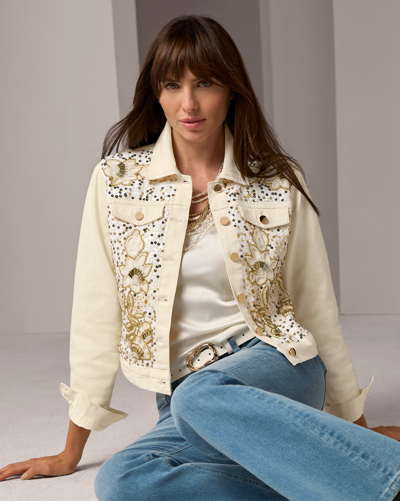 Mixed Metal Sequin and Beaded Denim Jacket White Swan