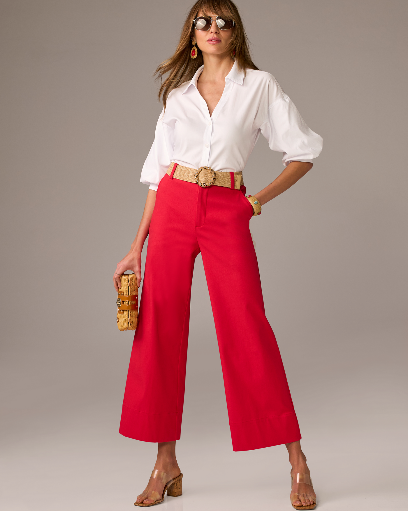 Ankle Length Wide Leg Twill Pant Tomato Red