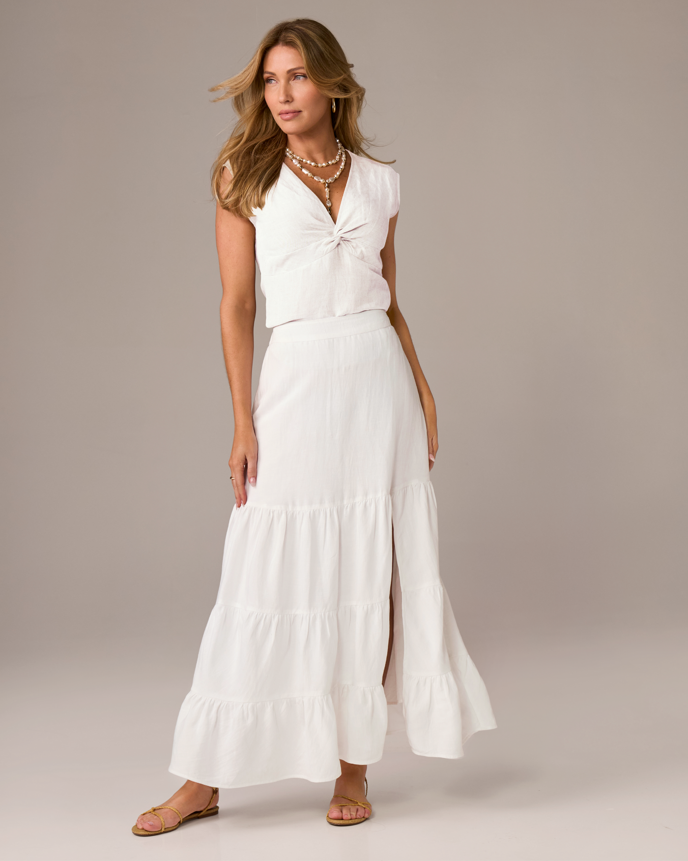 Tiered Linen Midi Skirt Pure White