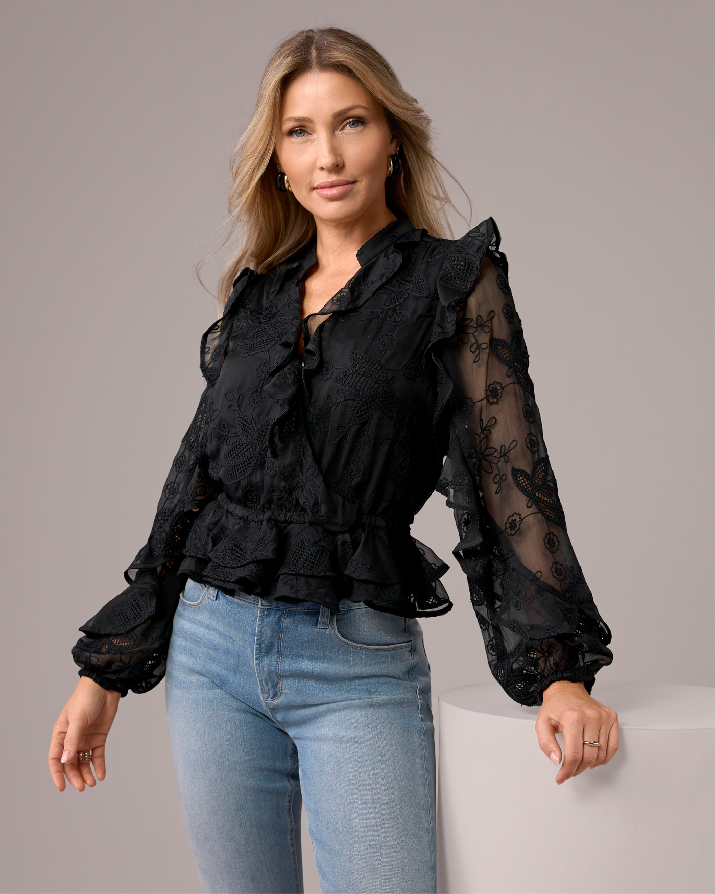 Novelty Embroidered Ruffle Blouse Black