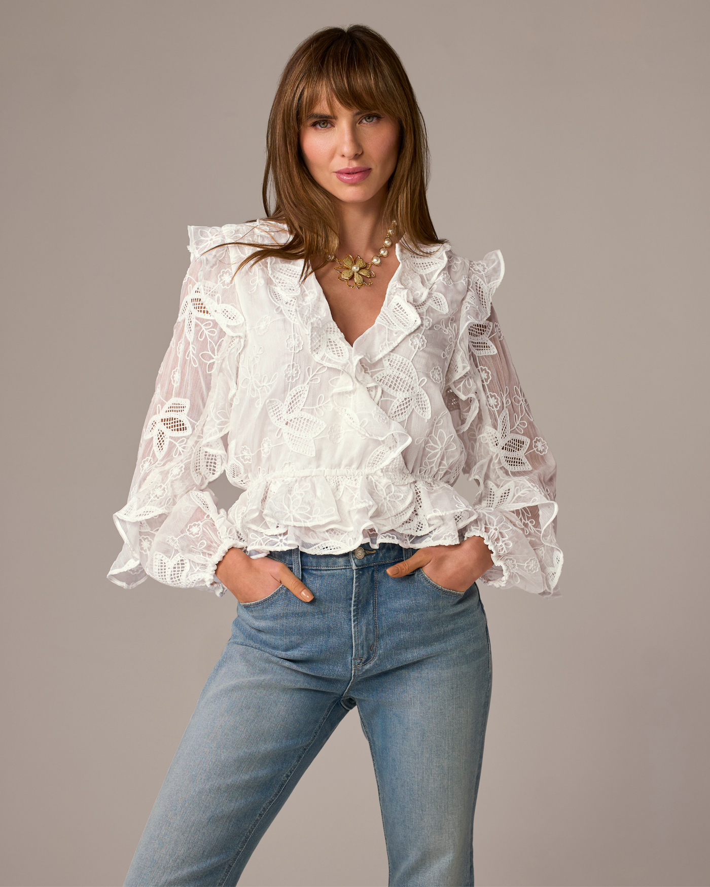 Novelty Embroidered Ruffle Blouse Pure White