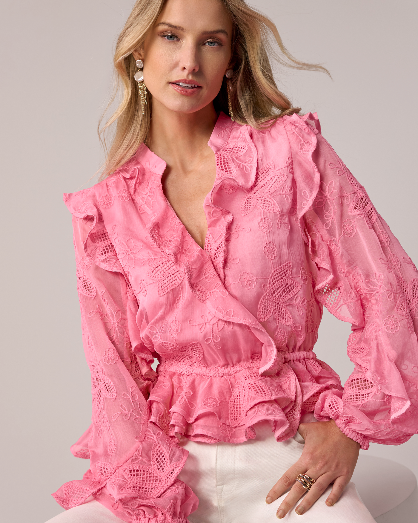 Novelty Embroidered Ruffle Blouse Pink Carnation