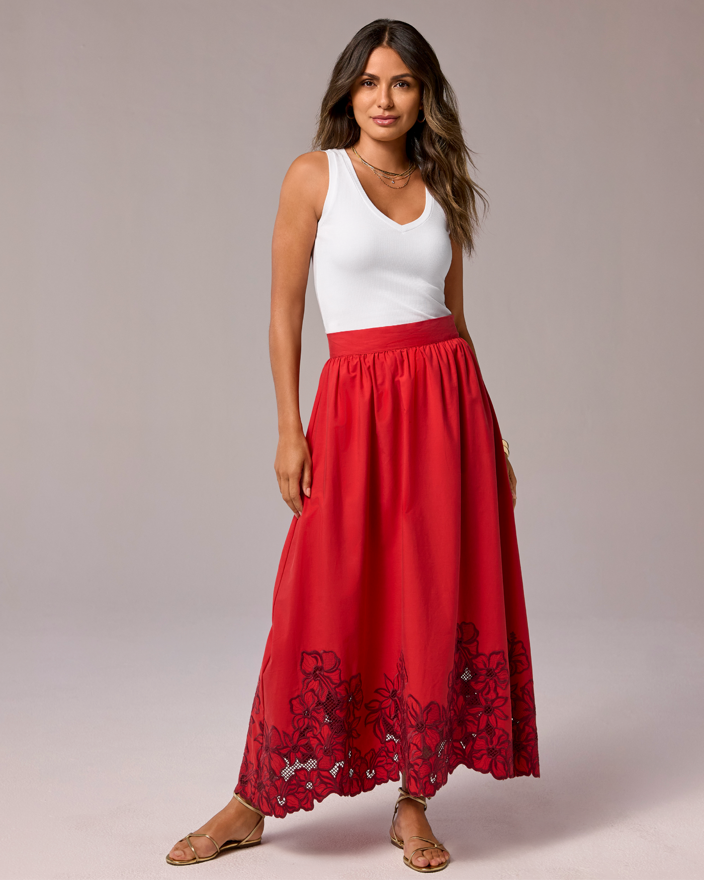 Eyelet Cutout Embroidered Midi Skirt Tomato Red