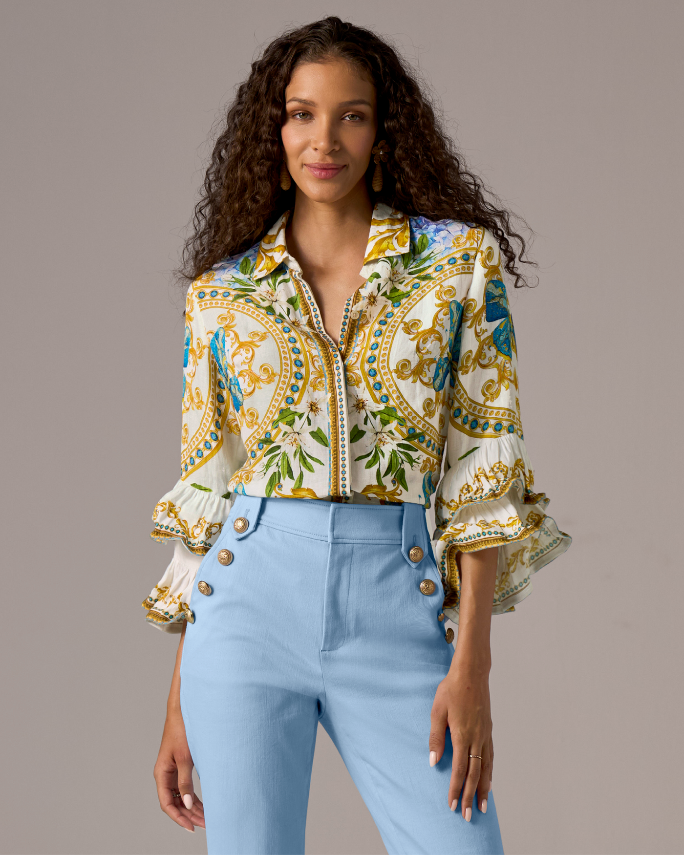 Printed Linen Drama Ruffle Sleeve Shirt Butterfly Garden