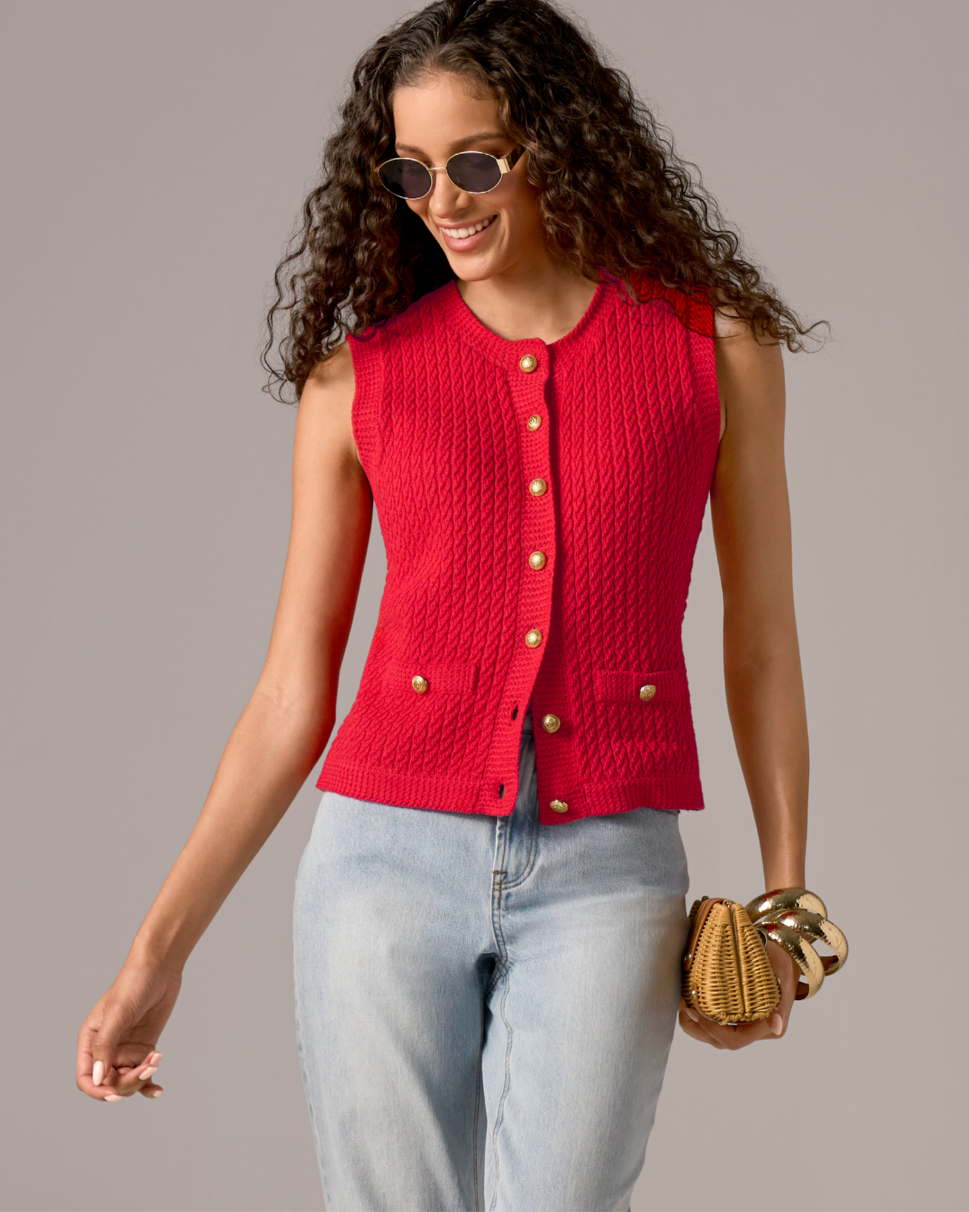 Sleeveless Textured Knit Button Front Sweater Tomato Red