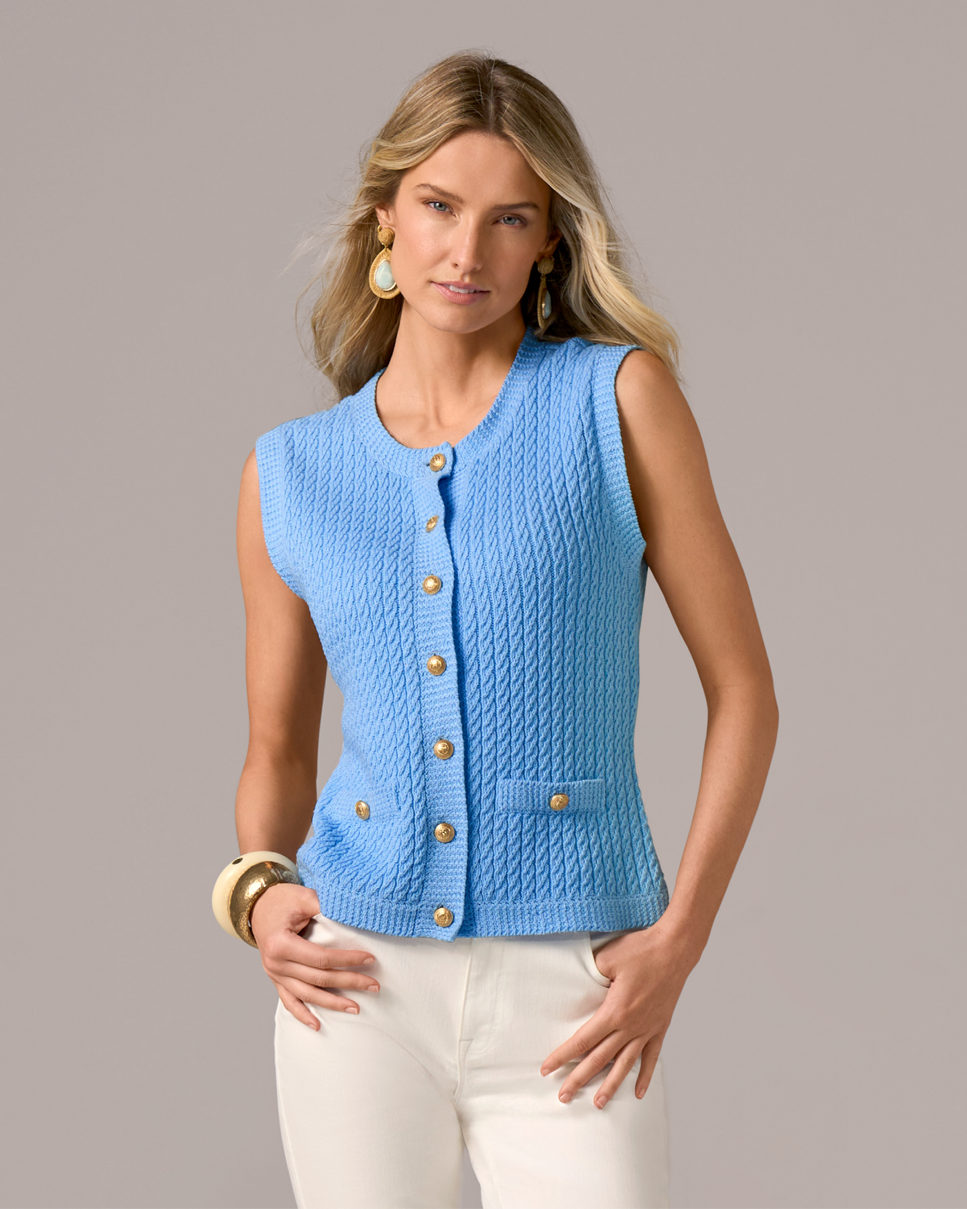 Sleeveless Textured Knit Button Front Sweater Blue Bell
