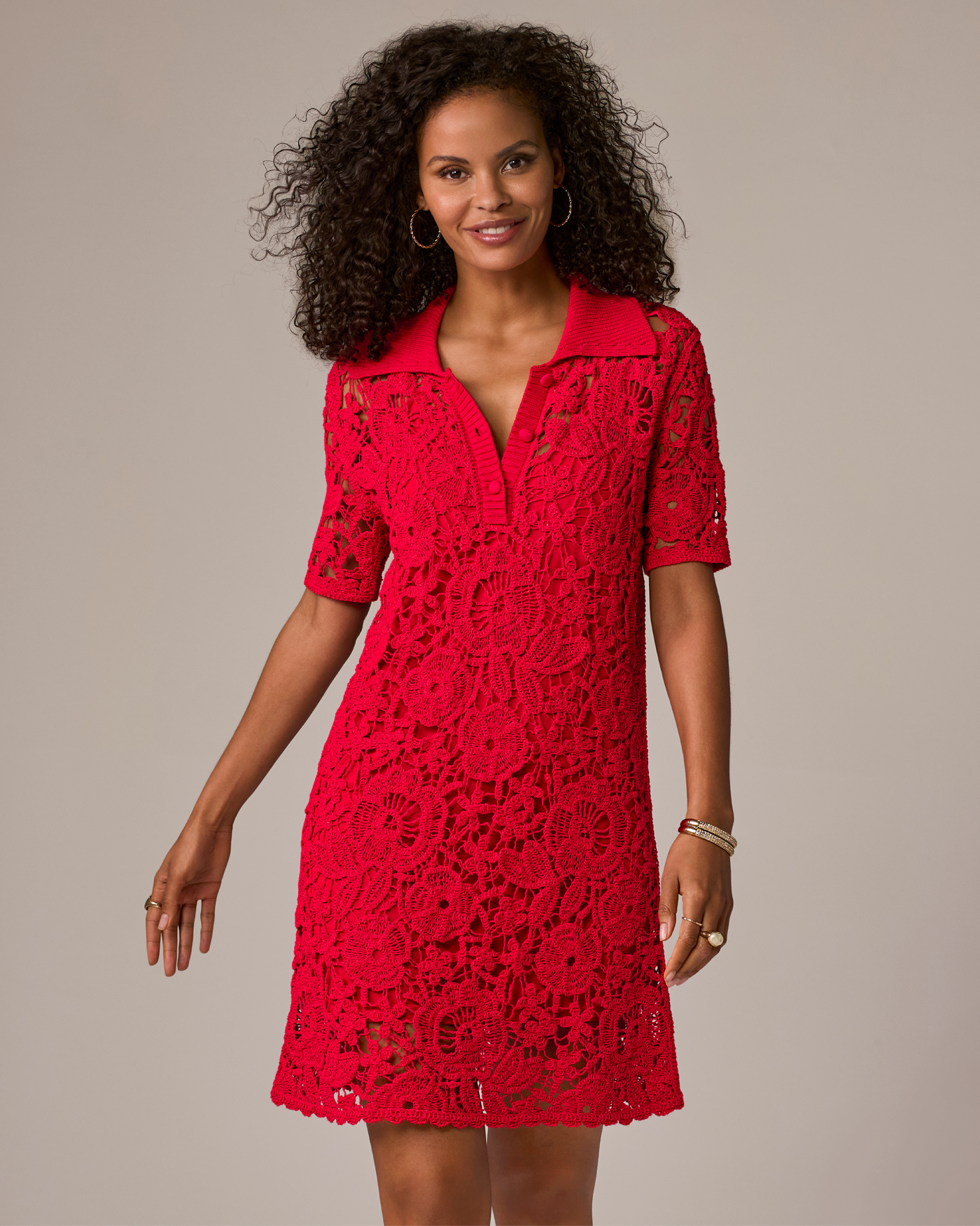 Collared Crochet Shirt Dress Tomato Red