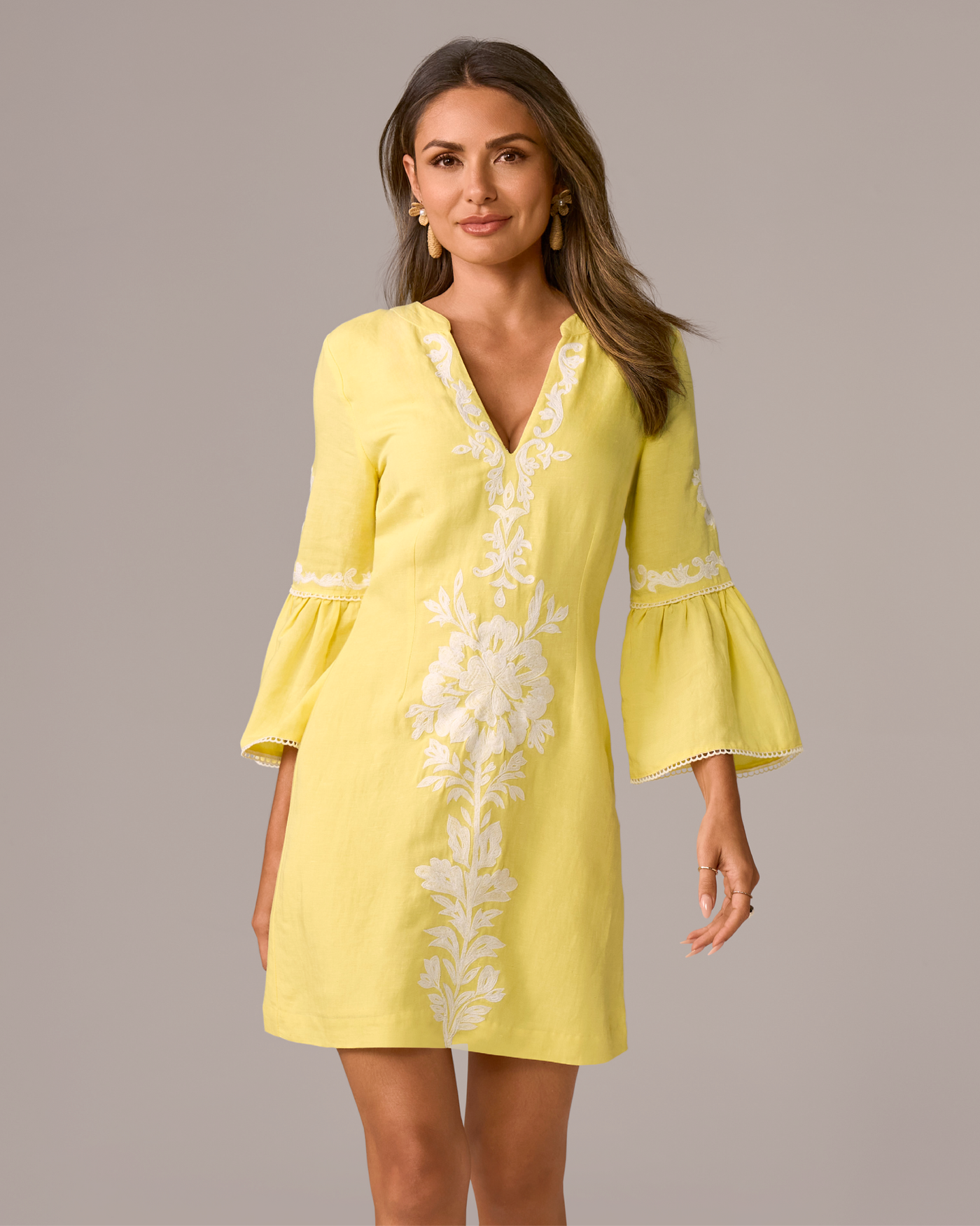 Embroidered Flare Sleeve A Line Dress Lemon Drop