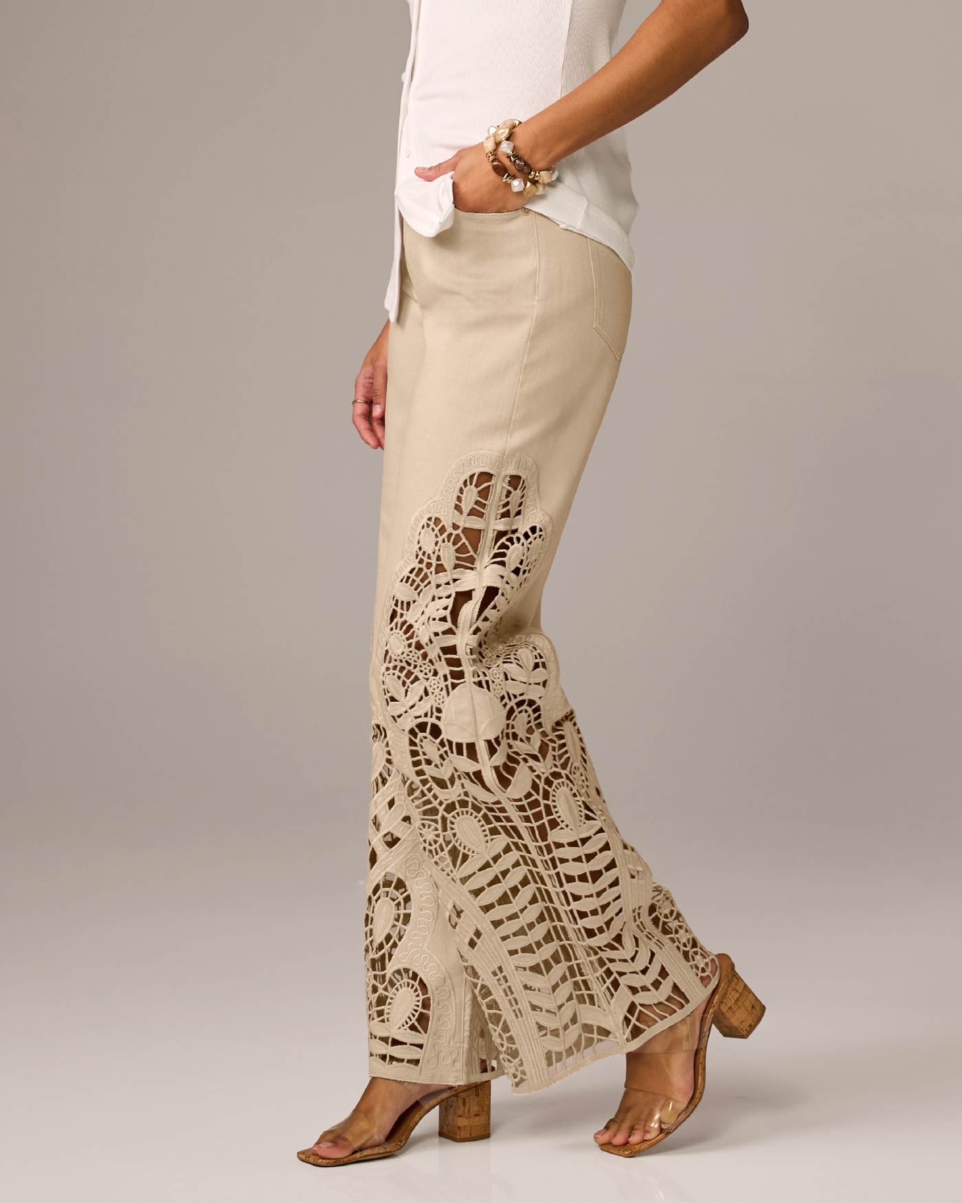 Eyelet Cutout Flare Jean Smoke Gray