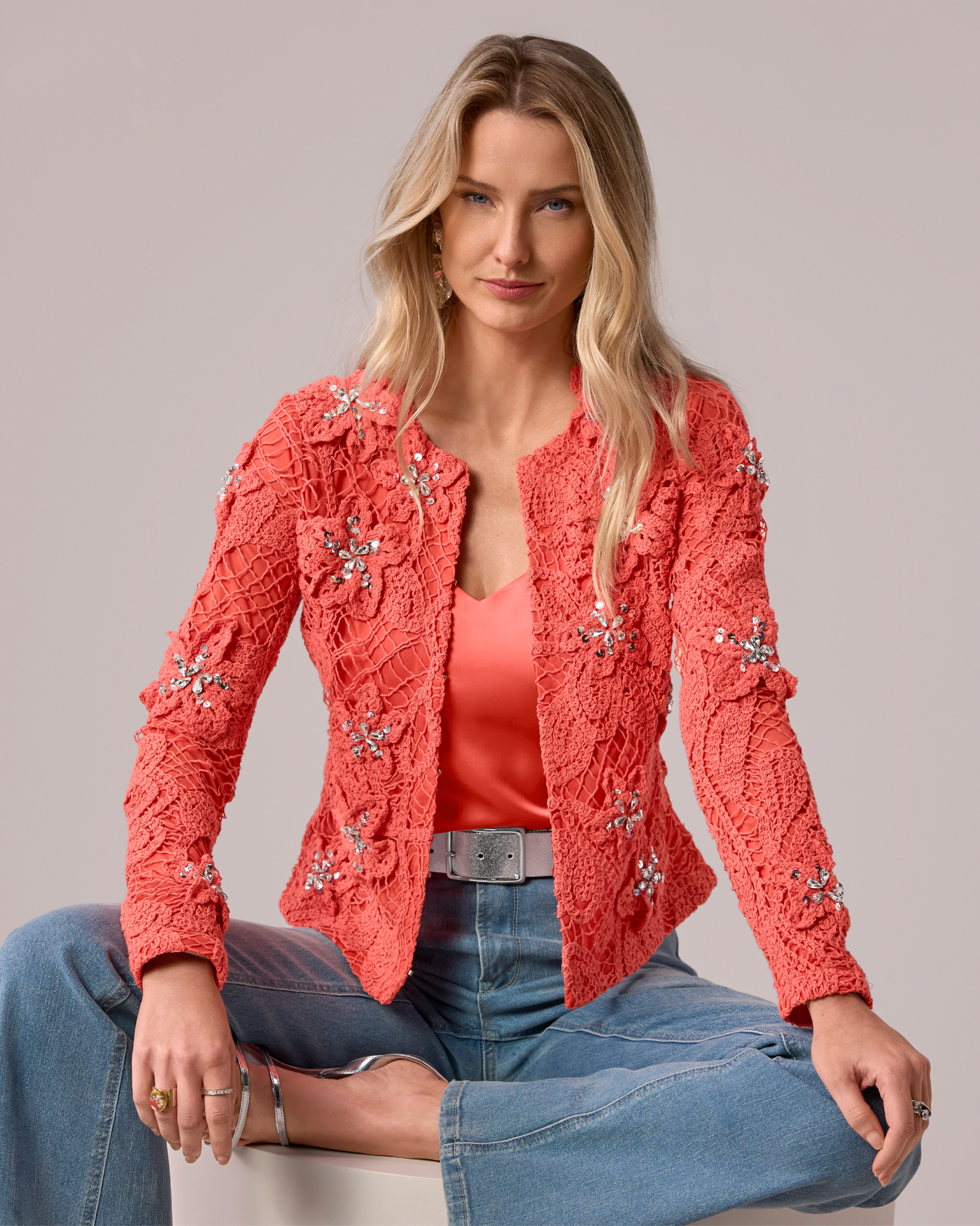 3D Floral Crochet Cardigan Georgia Peach
