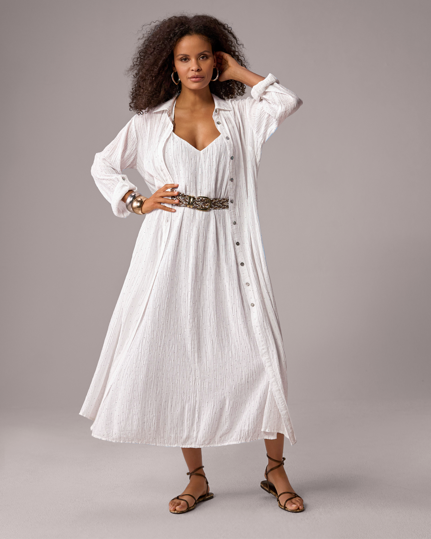 Scattered Rhinestone Embellished Duster White