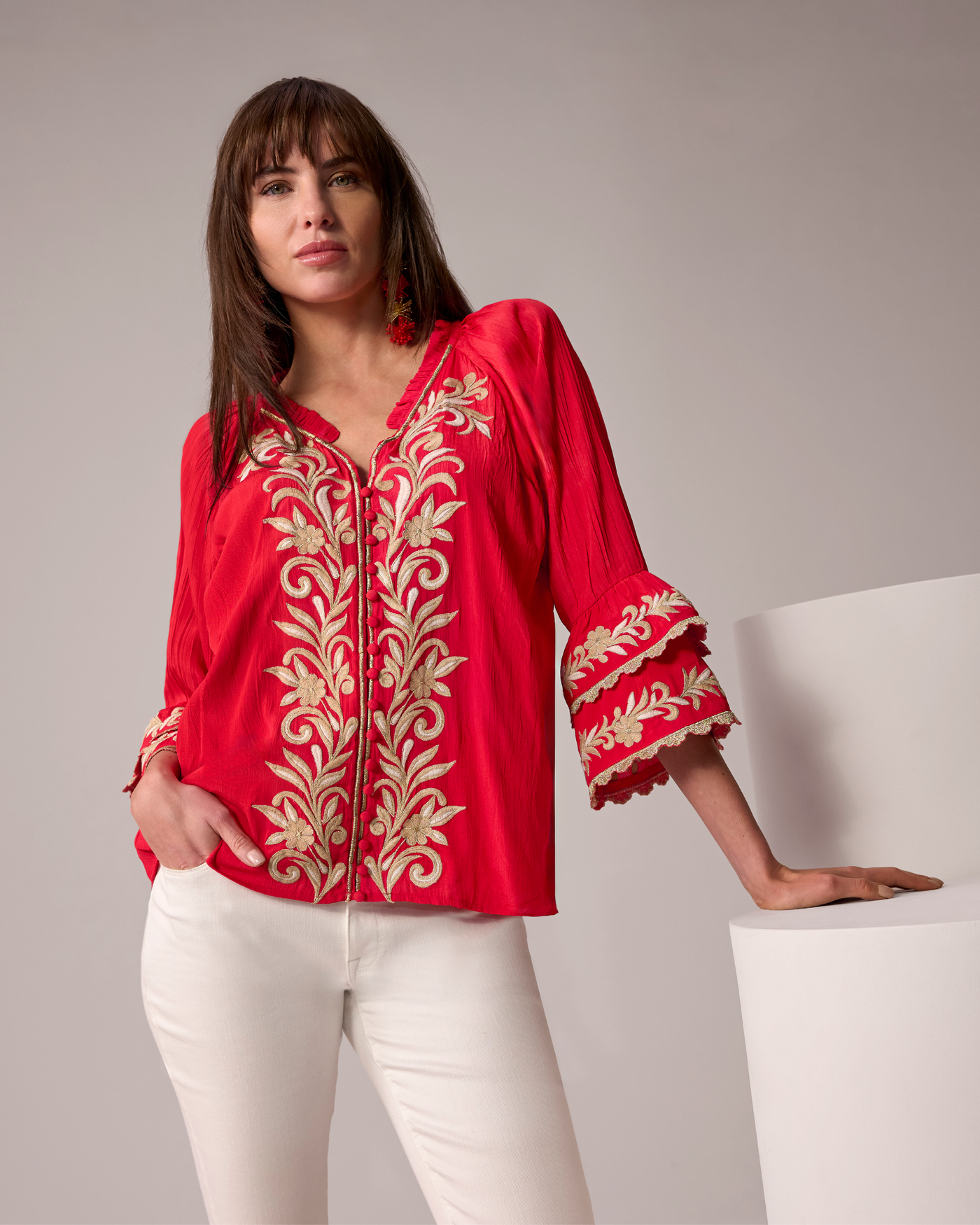 Embroidered Boho Ruffle Flare Sleeve Blouse Tomato Red