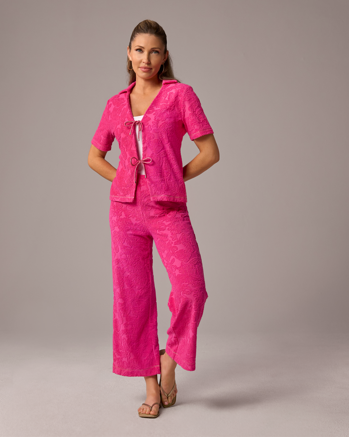 Textured Beach Terry Tie Front Shirt and Cropped Pant Set Blossom