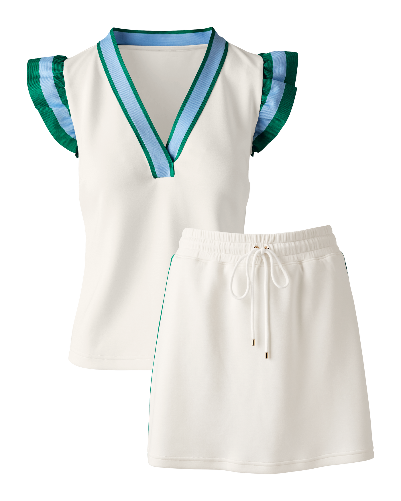 Luxe Lounge Ruffle Sleeve Top and Piped Skort Set - White – Boston