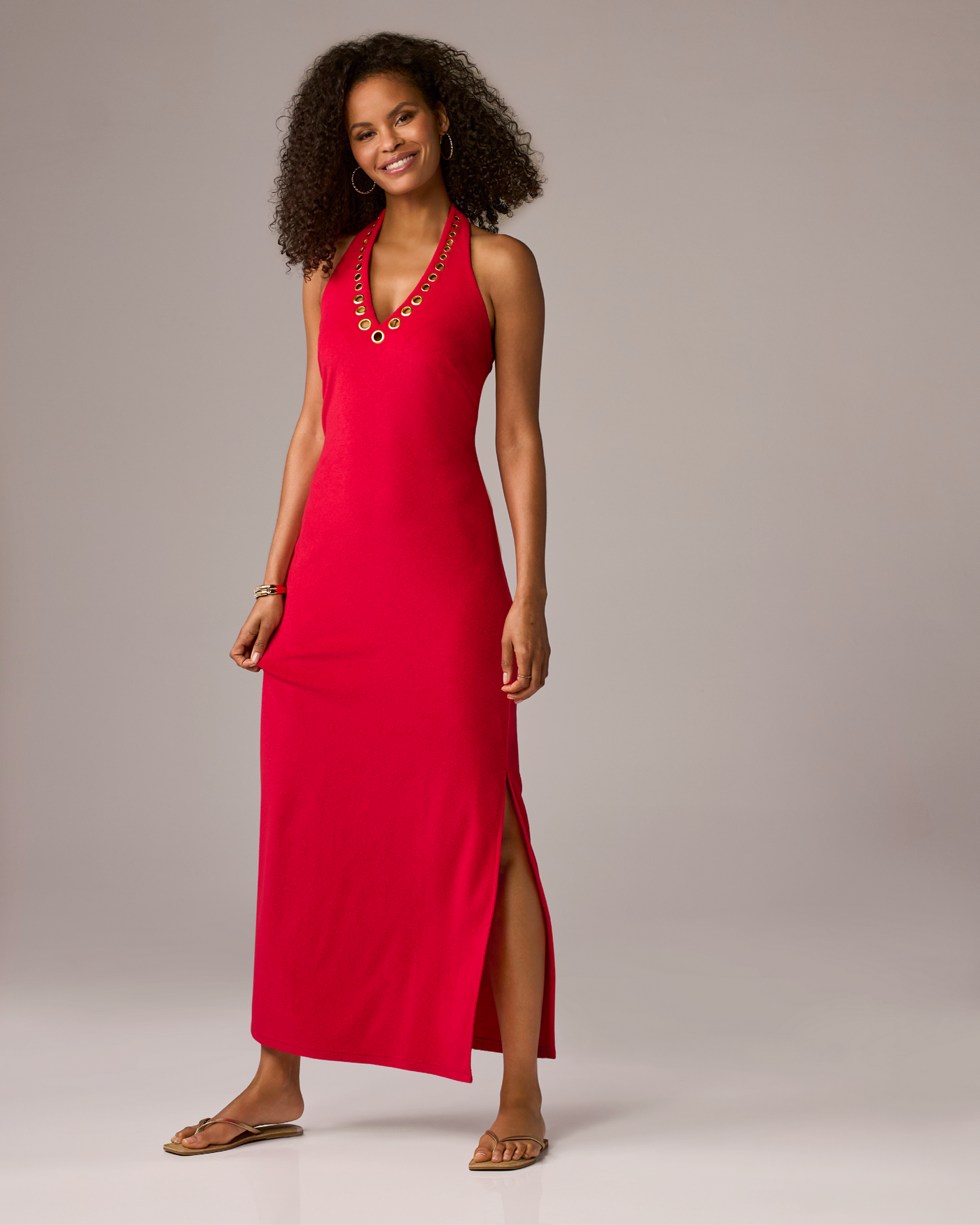 Beach Terry Grommet Detail Halter Maxi Dress Tomato Red