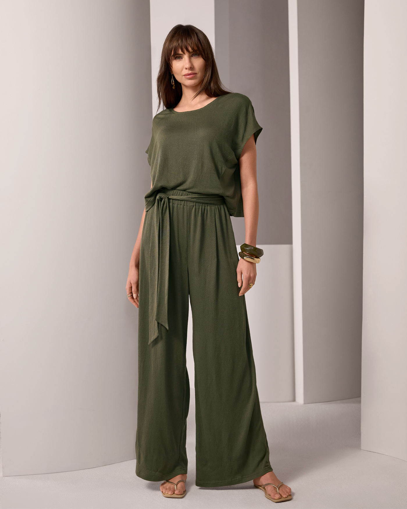 Textured Knit T-Shirt and Pant with Sash Set Olive Night