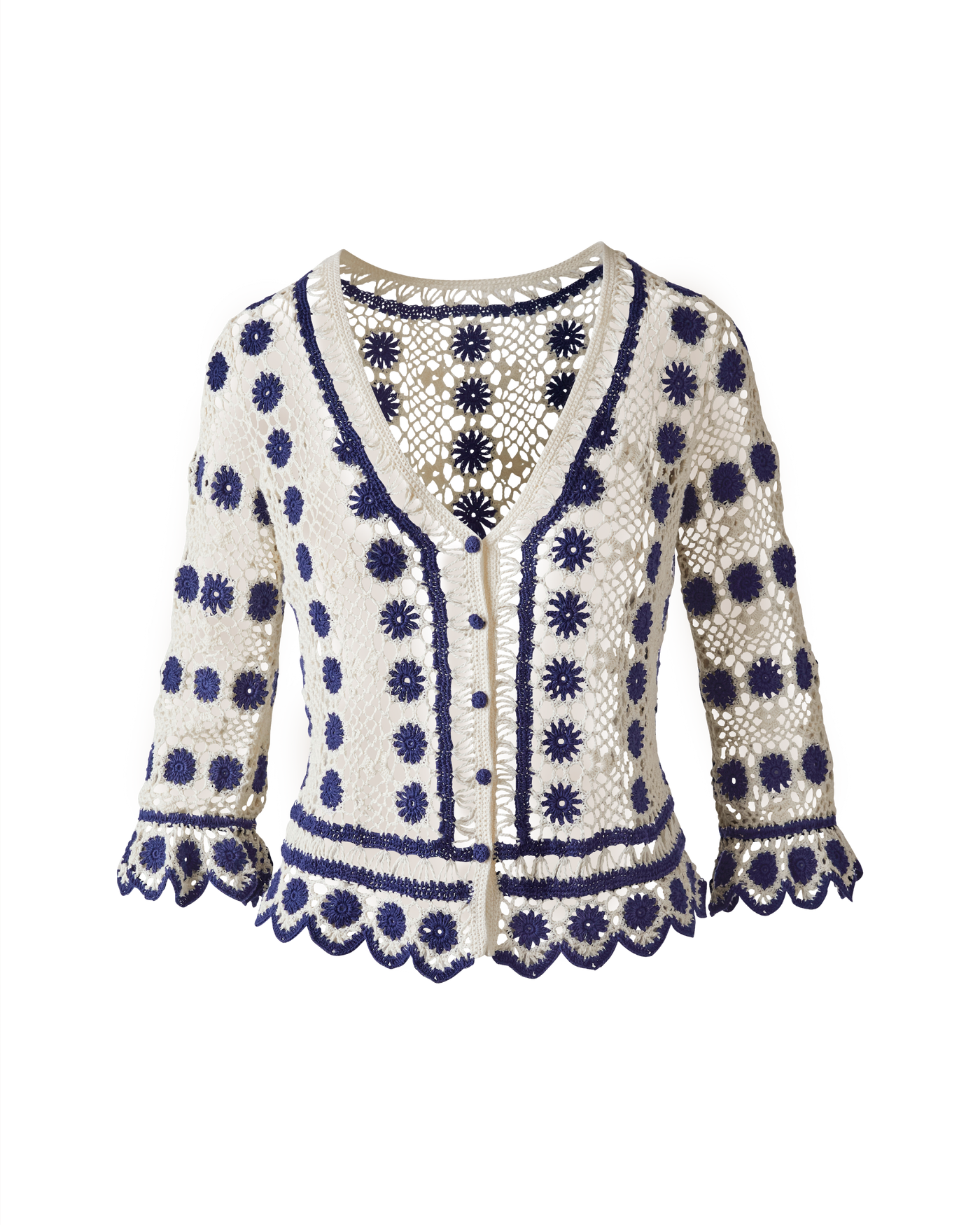 V-Neck Scallop Crochet Cardigan - Navy/White – Boston Proper
