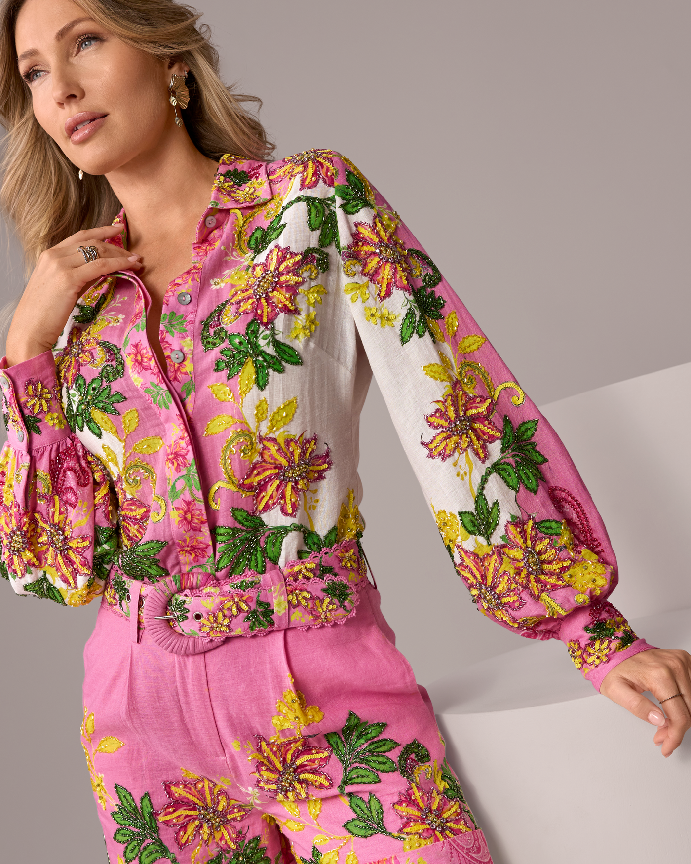 Printed Linen Embellished Shirt Embellished Garden