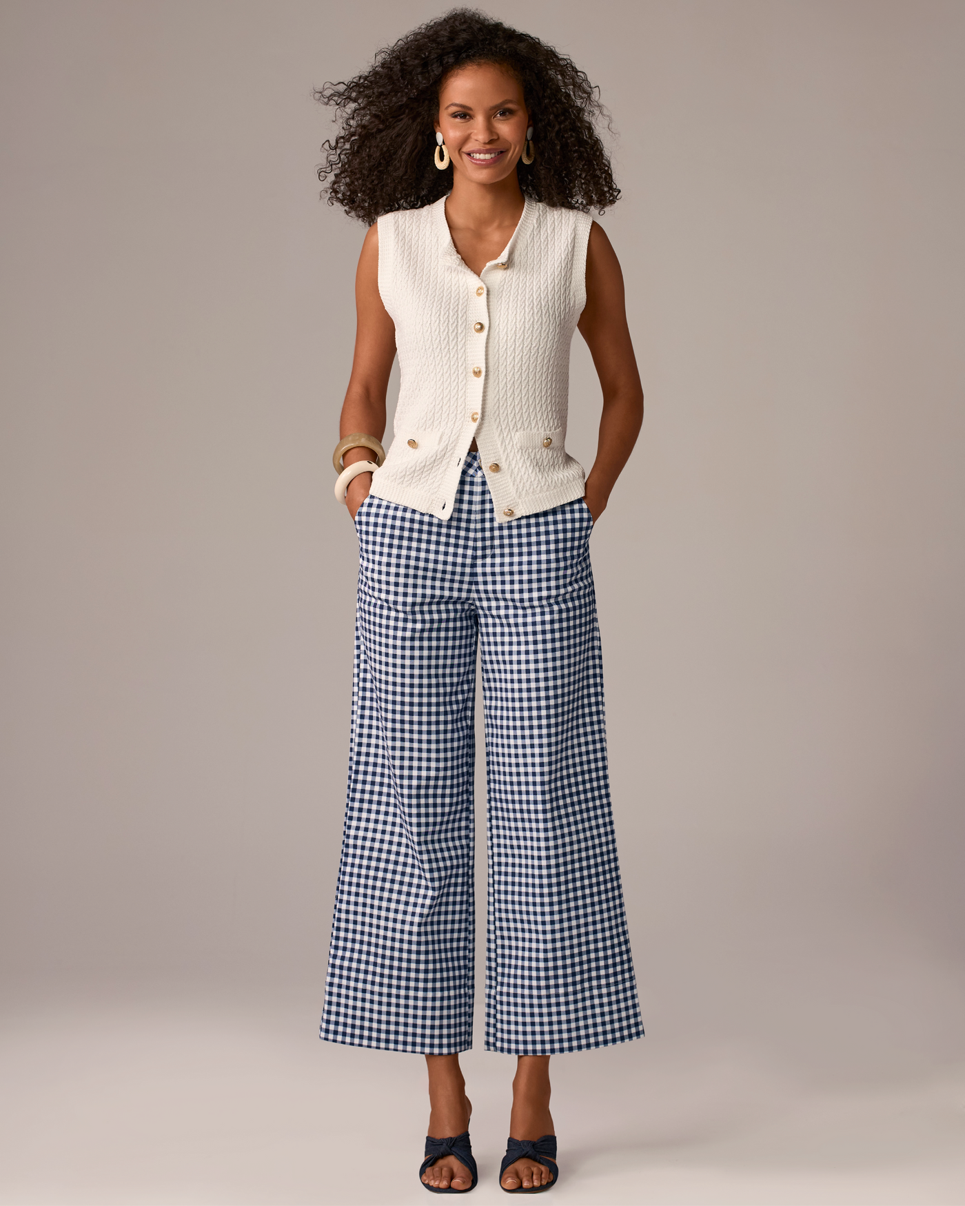 Ankle Length Wide Leg Gingham Twill Pant Navy/White