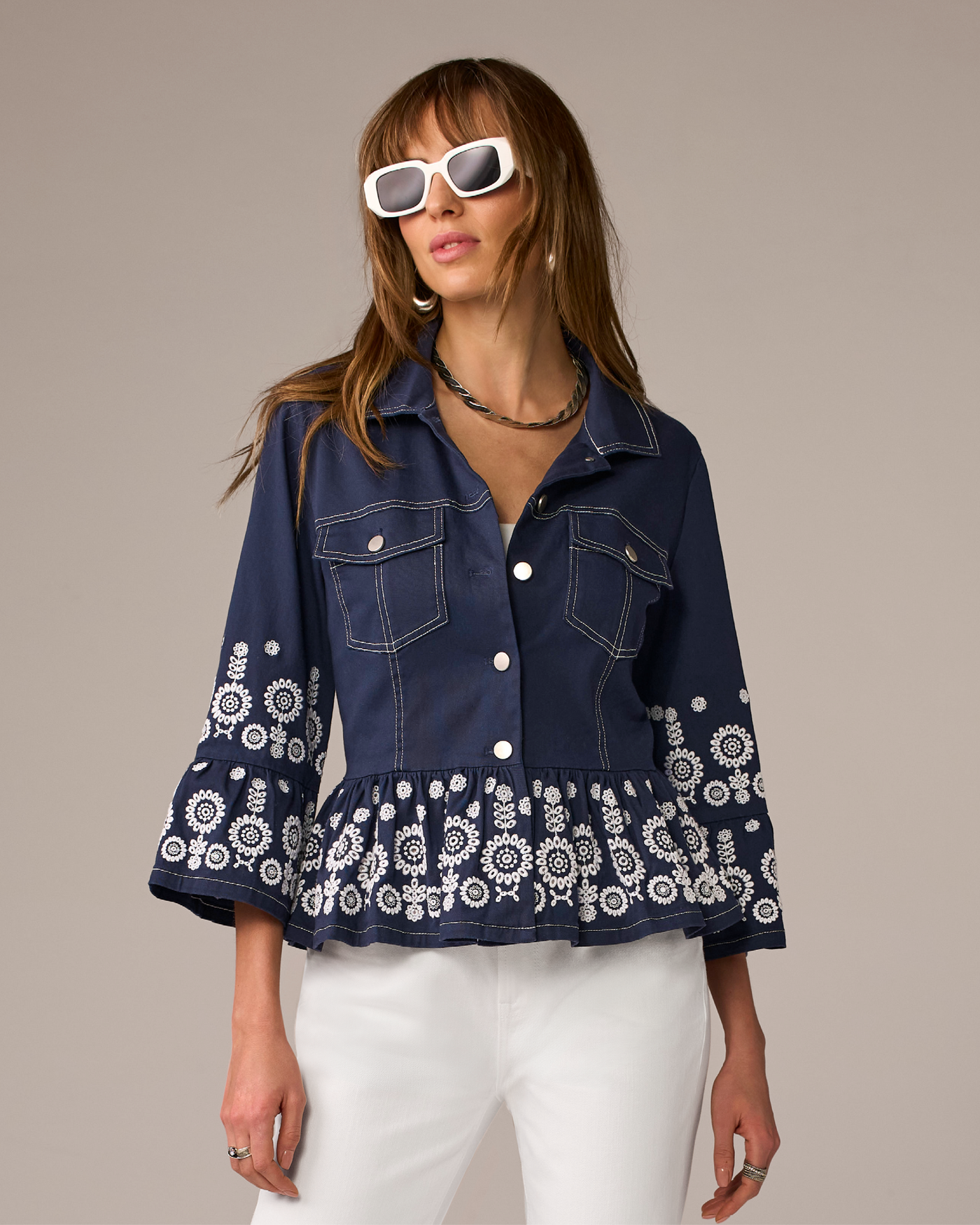 Eyelet Peplum Jacket with Flare Sleeve Navy