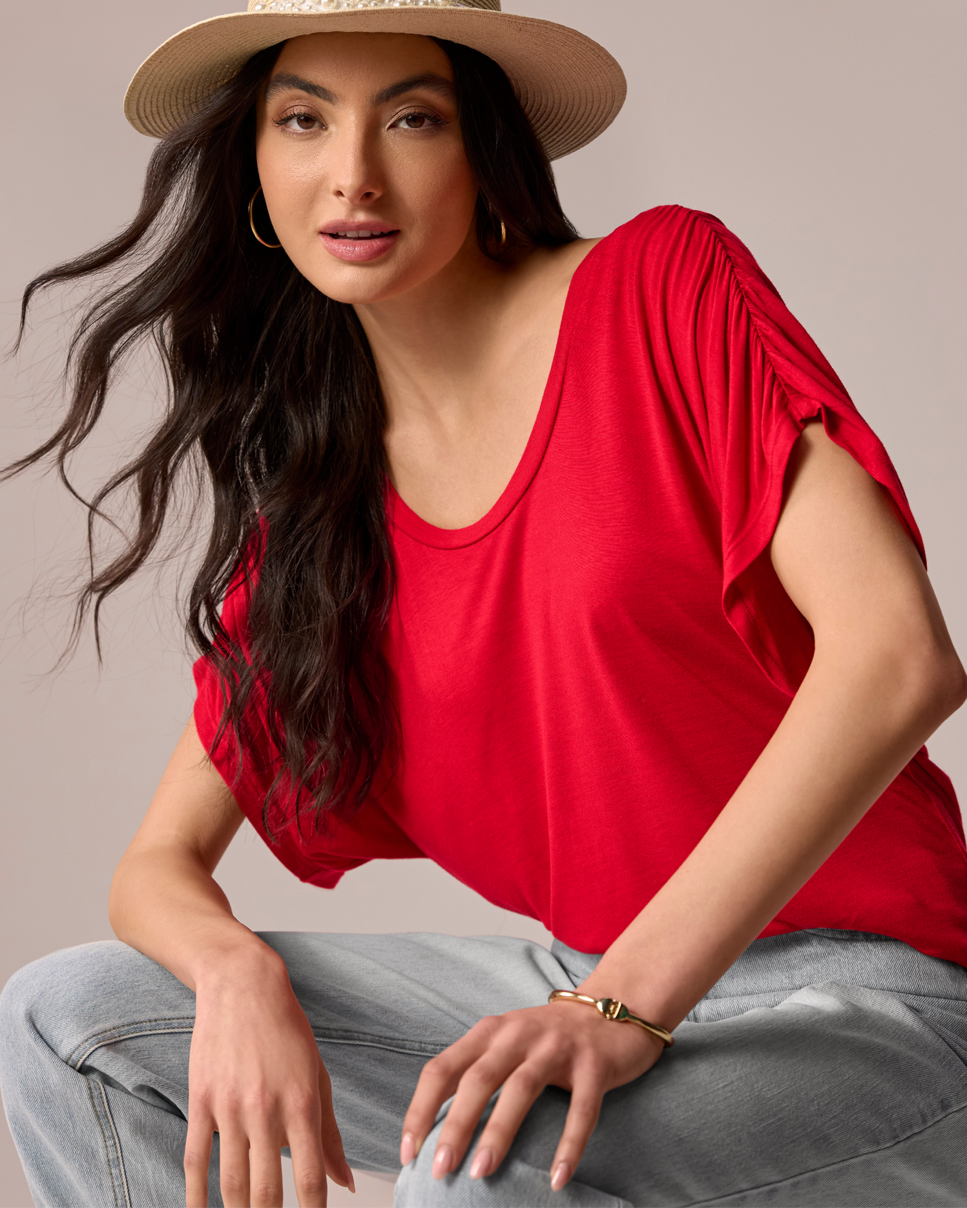 Ruched Sleeve T Shirt Tomato Red