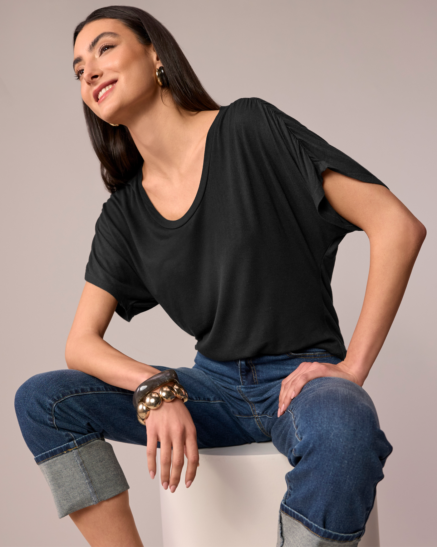 Ruched Sleeve T Shirt Proper Black