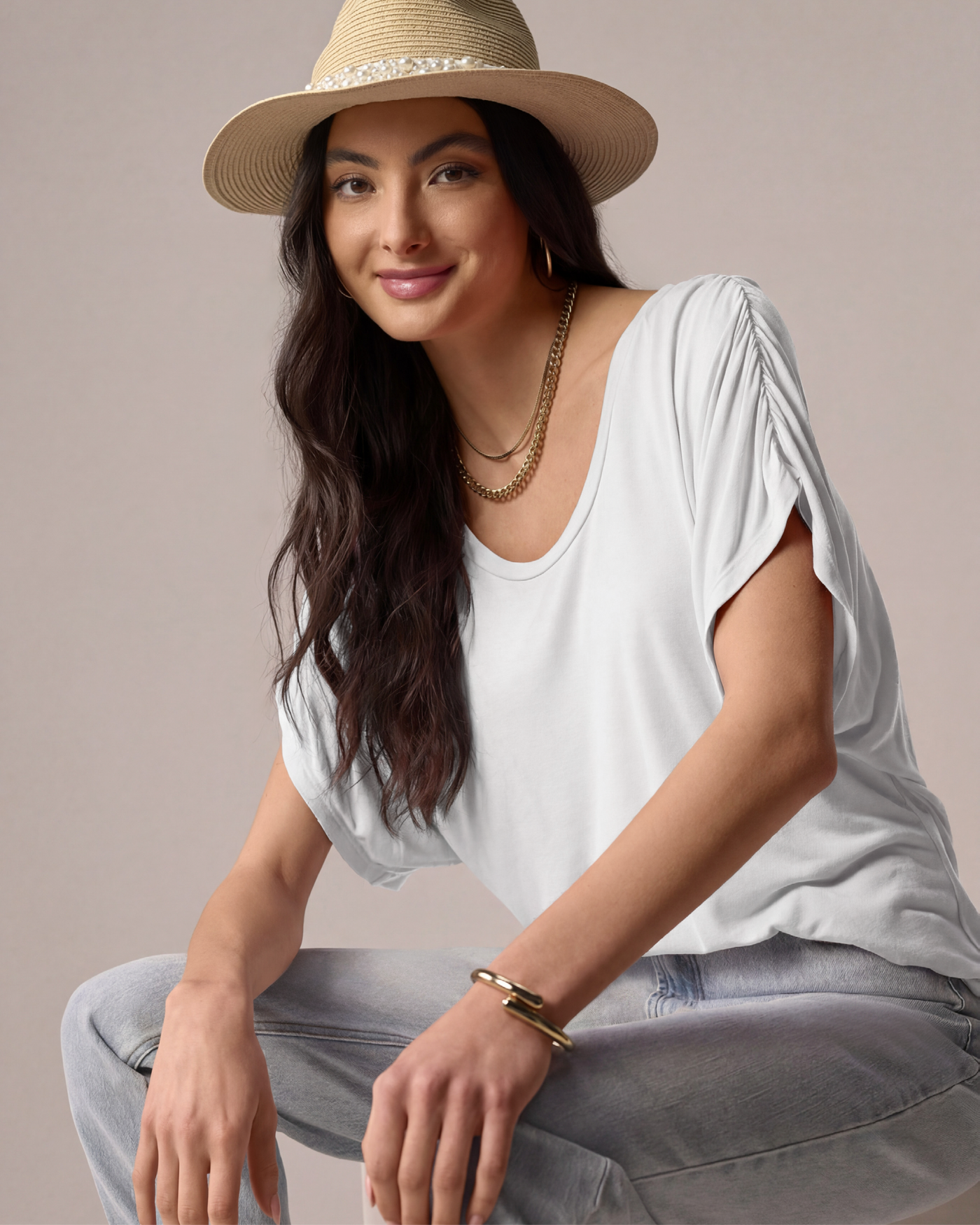 Ruched Sleeve T Shirt Pure White