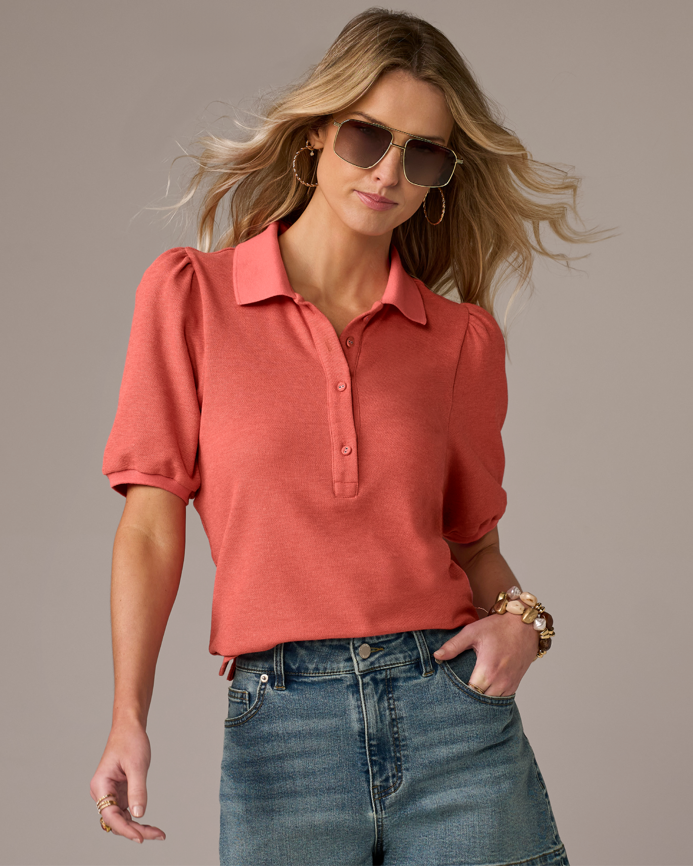 Puff Sleeve Pique Polo Shirt Shell Pink