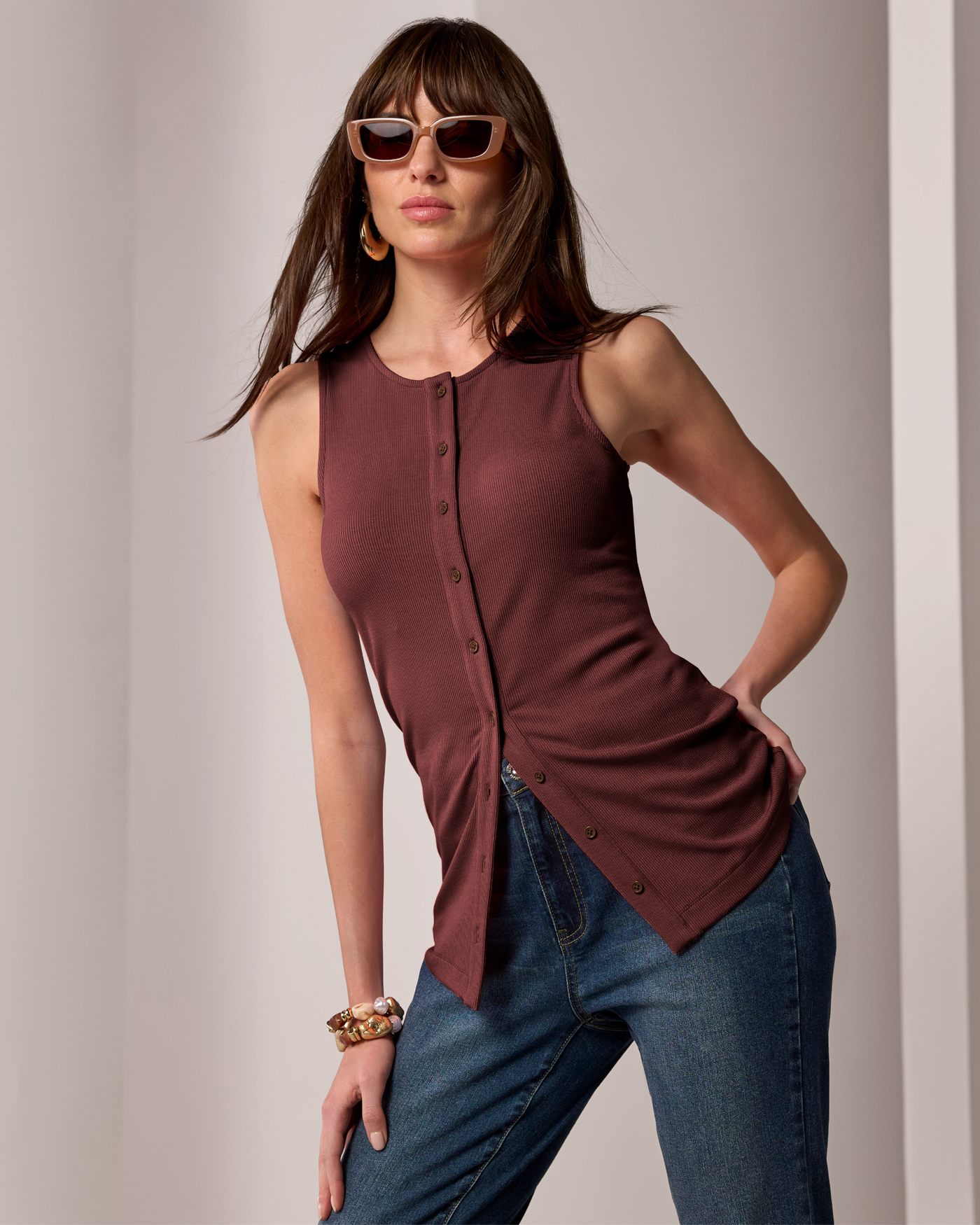 So Essential Button Down Knit Tank Russet Brown