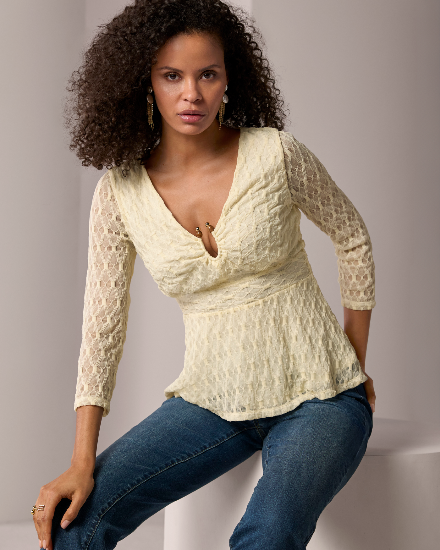 Textured Knit Top with Beaded Neck Detail White Swan