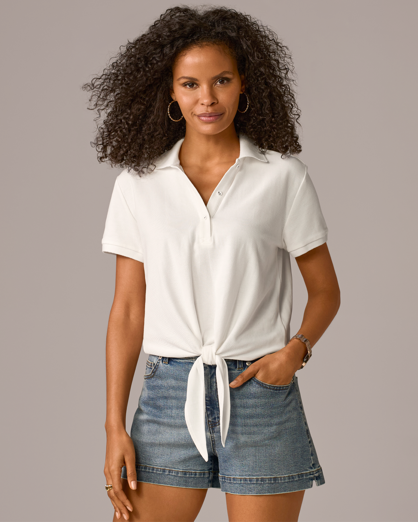 Tie Front Pique Polo Shirt Pure White