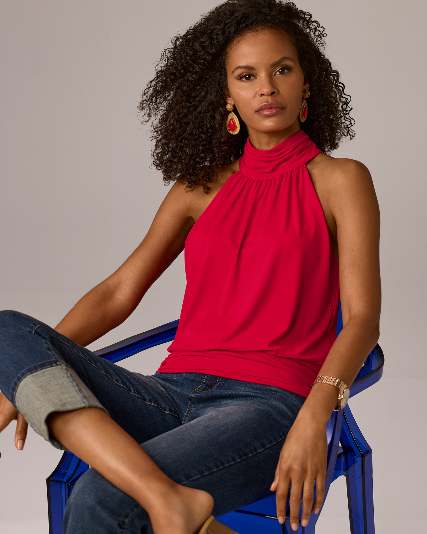 So Chic High Neck Blouson Knit Top Tomato Red