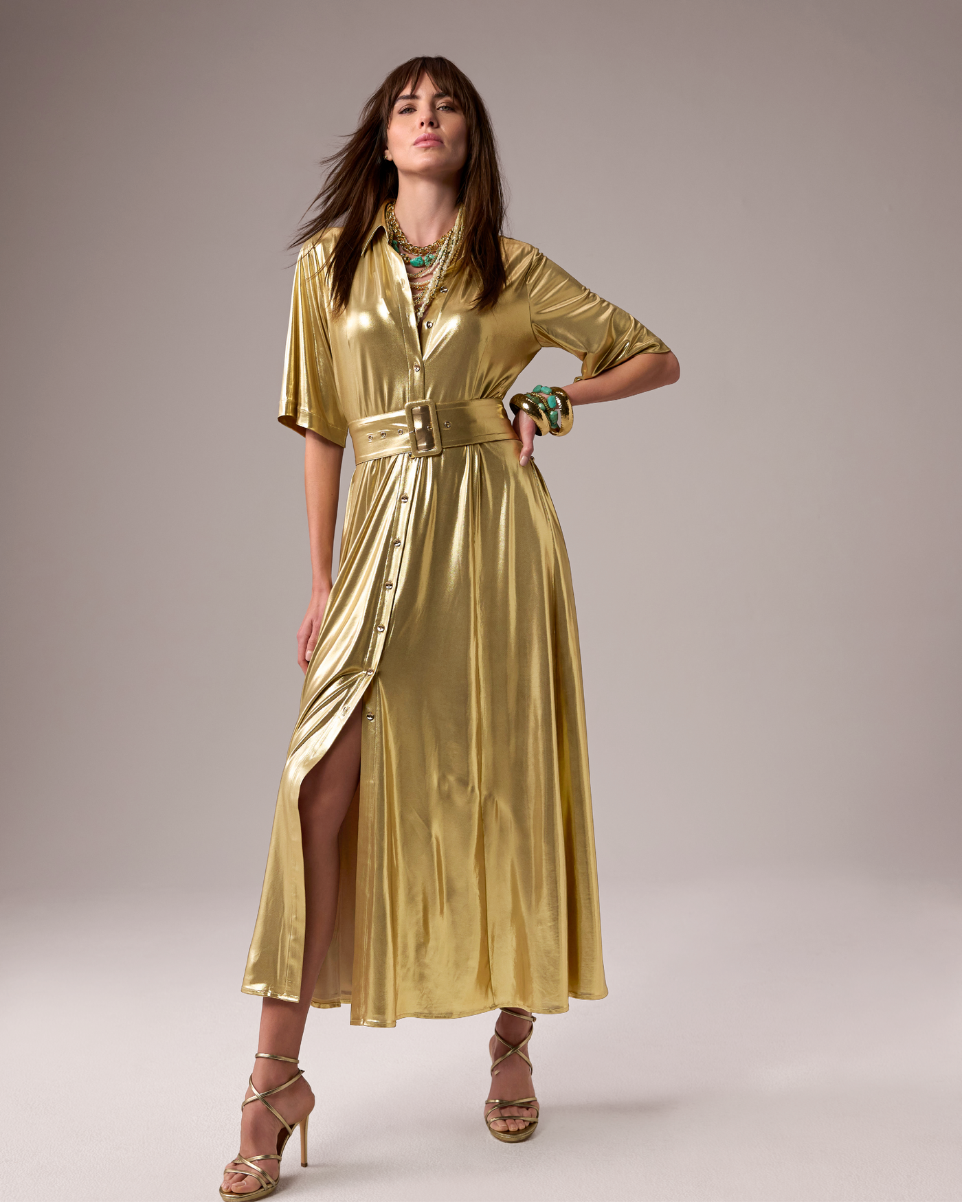 Liquid Metallic Maxi Dress Gold
