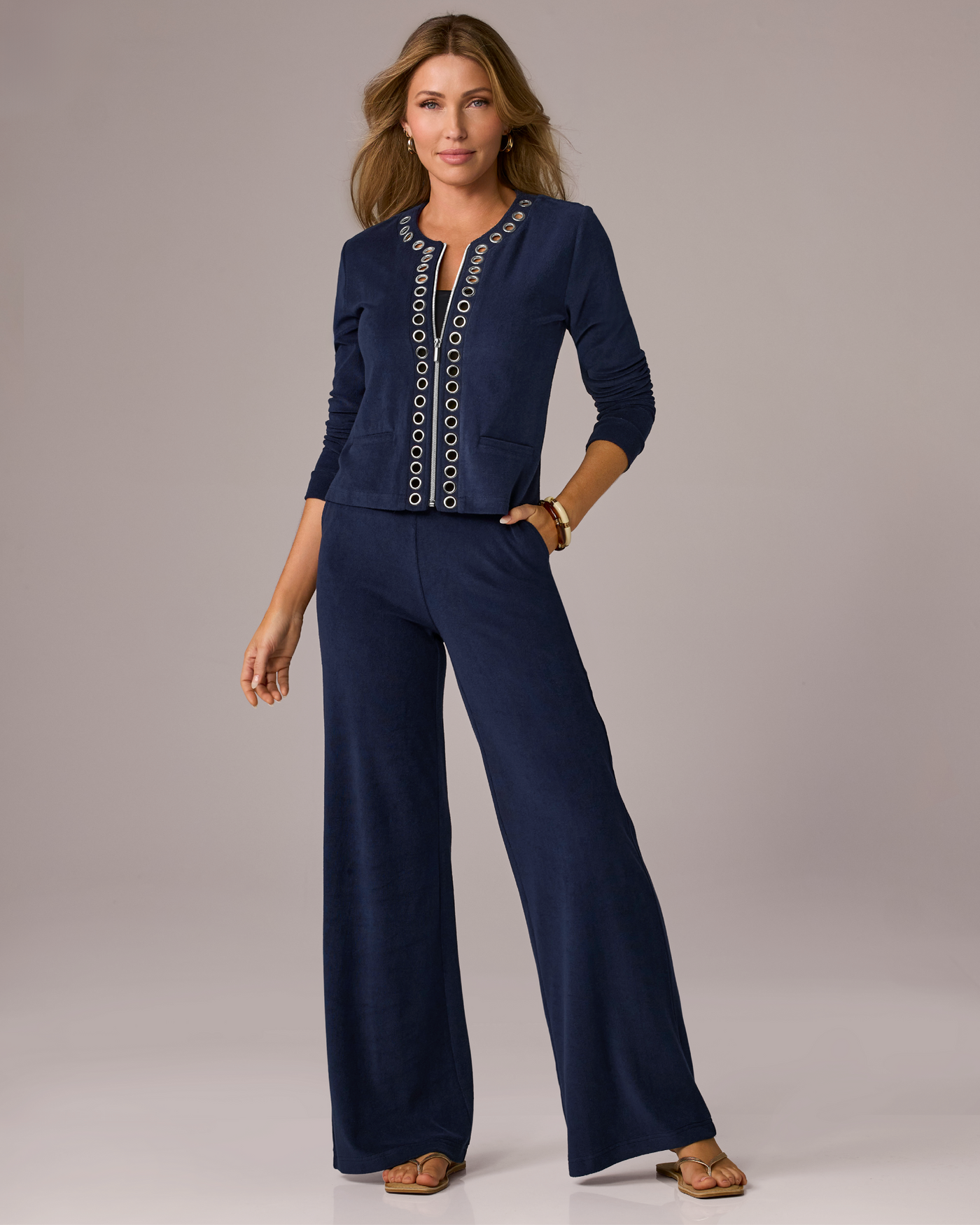 Grommet Detail Beach Terry Cardigan Pant Set Navy
