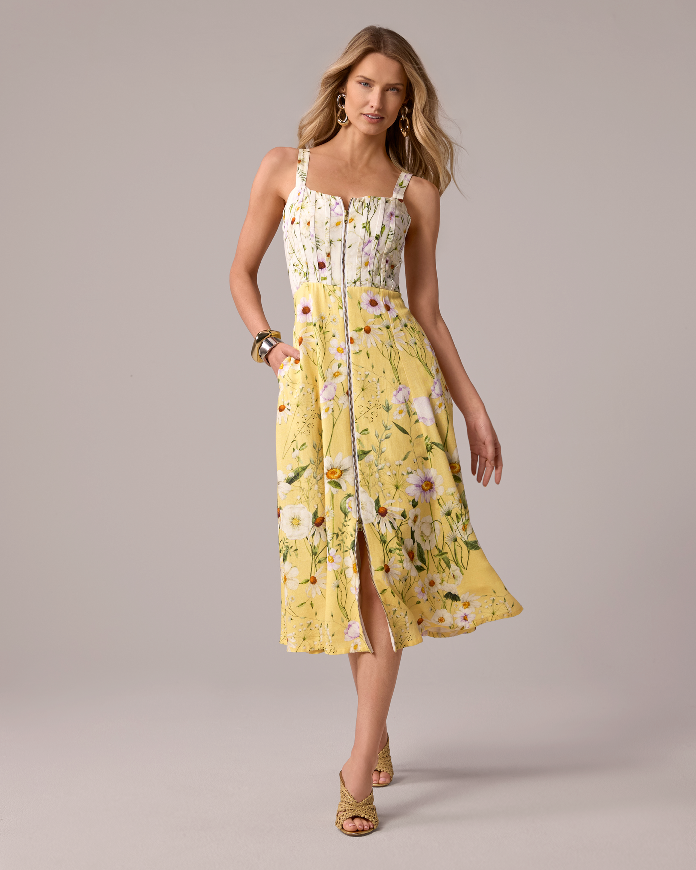 Print Zip Up Fit and Flare Midi Dress Daisy Daze