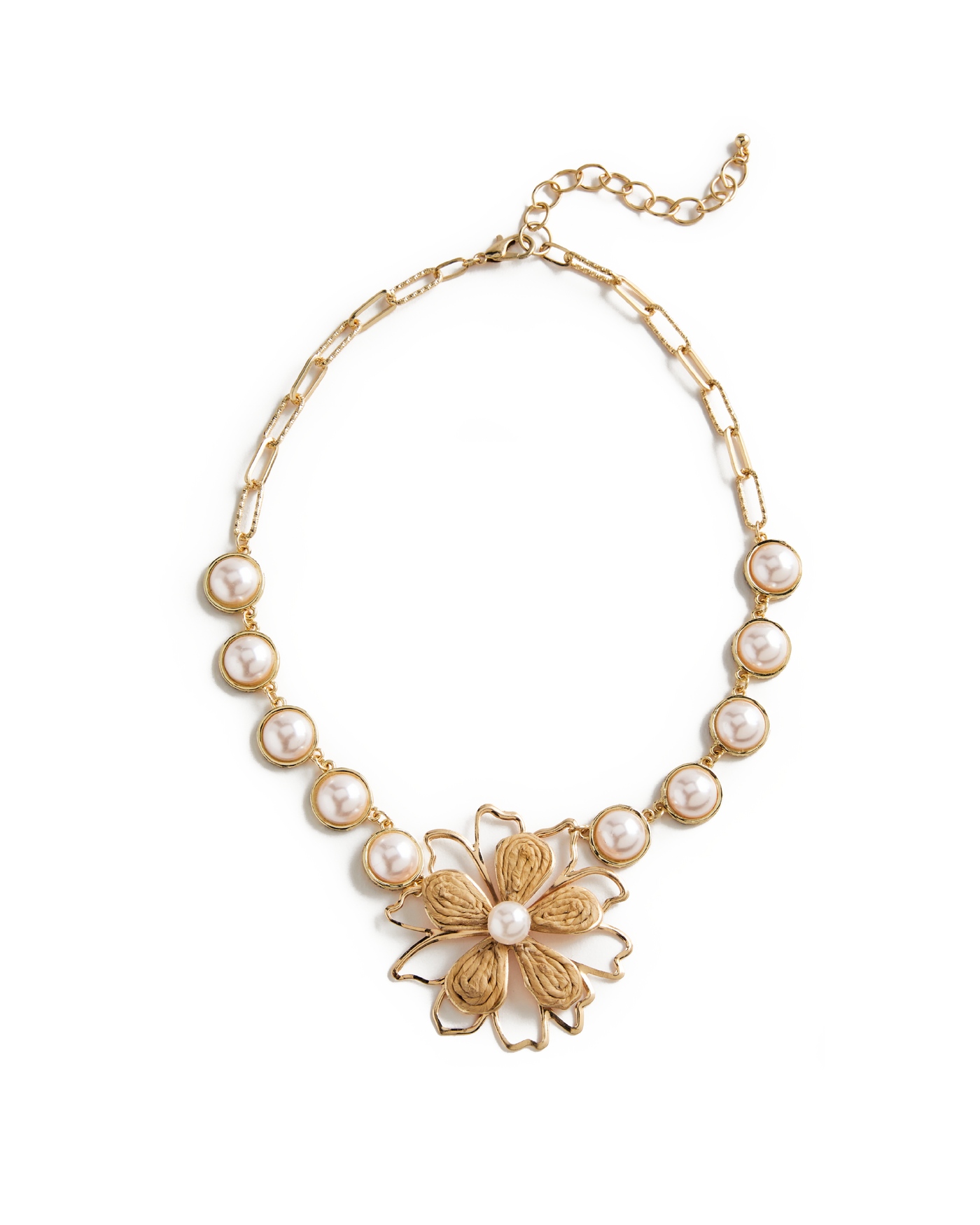 Pearl Raffia Flower Statement Necklace Gold/White
